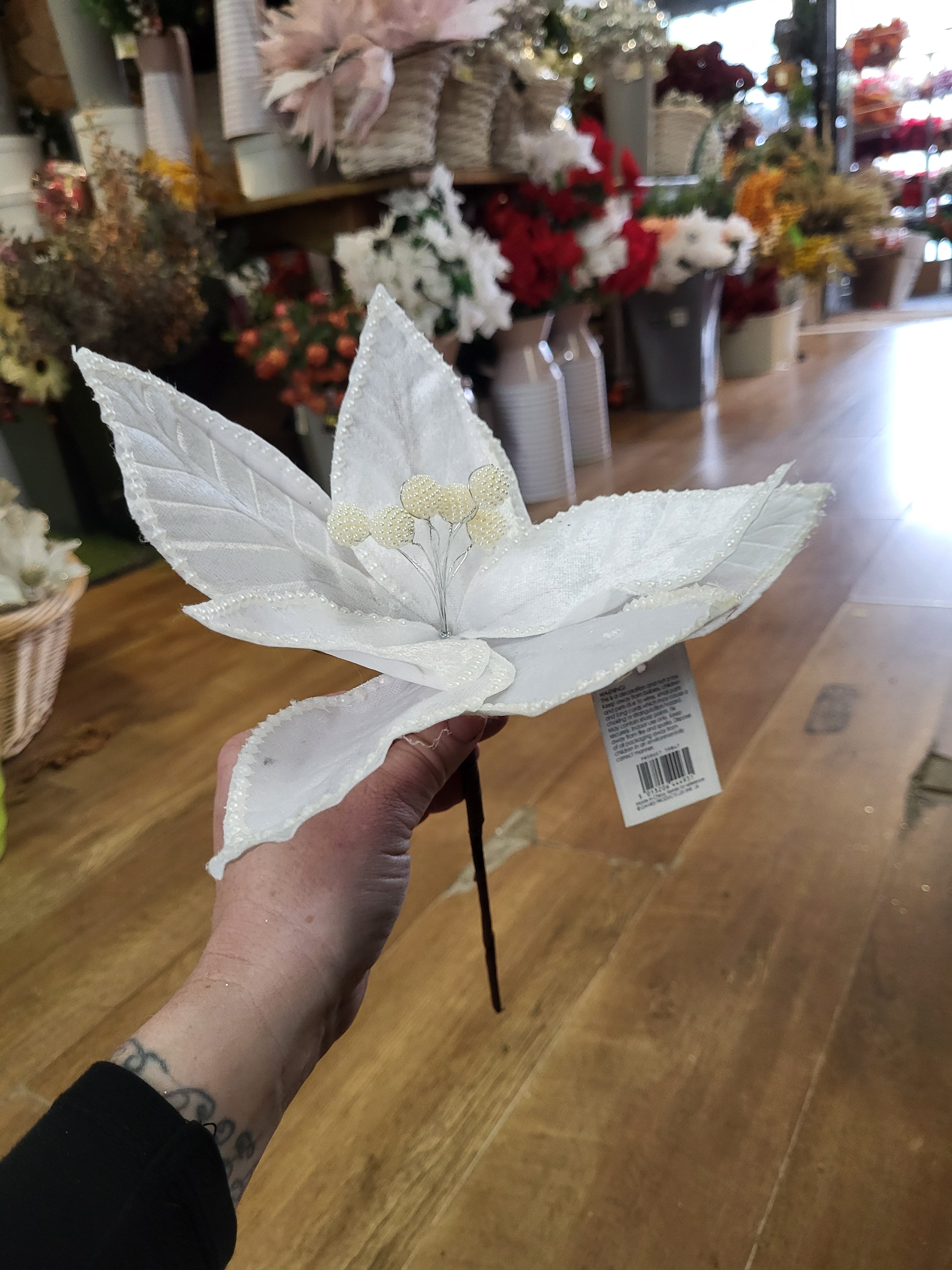 35cm white velvet and pearls poinsettia stem image 1