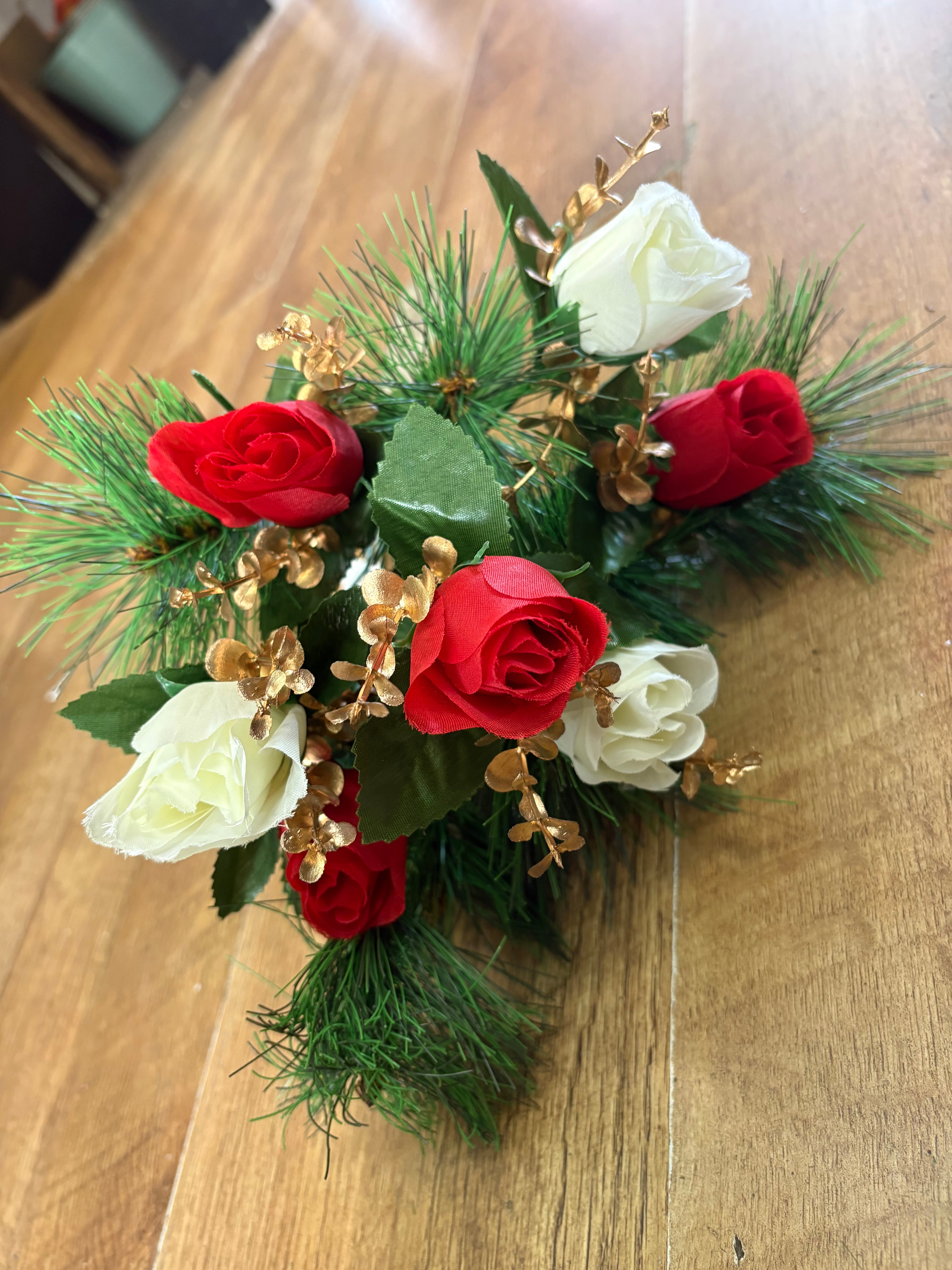 Rosebud, eucalyptus and pine bouquet - red, ivory and gold