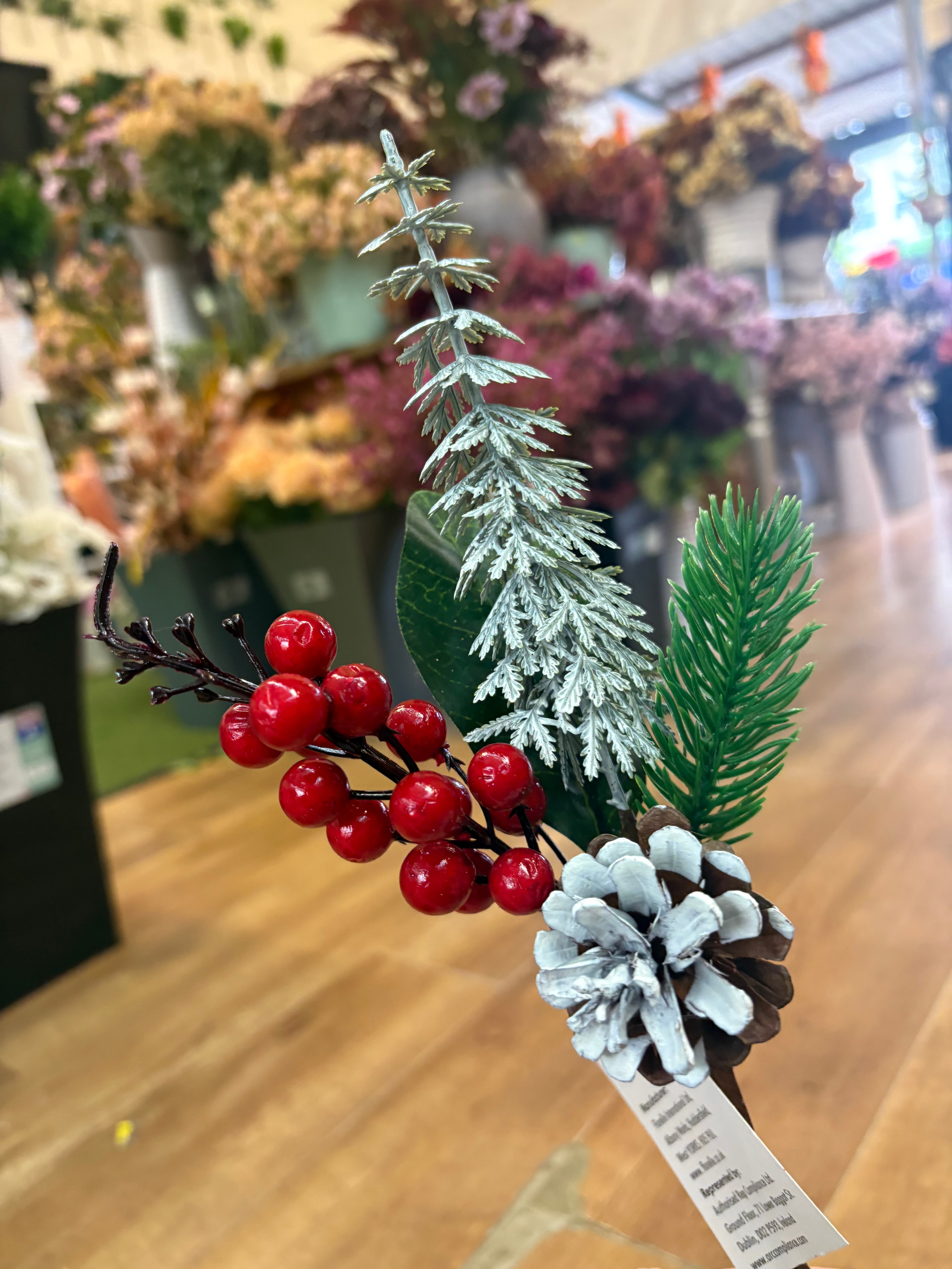 28cm frosted pine and red berry pick