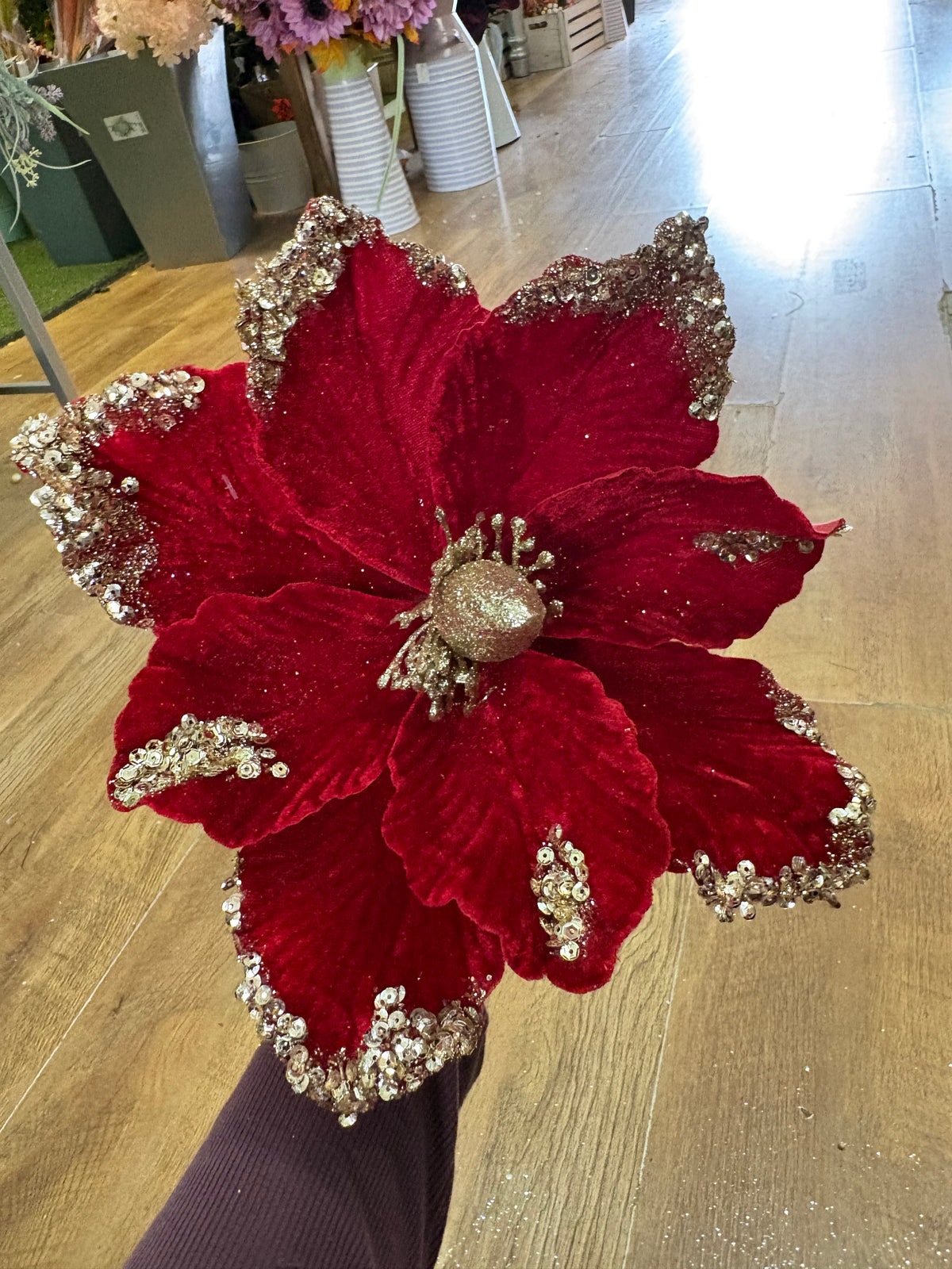 25cm dark red velvet and gold glittered magnolia