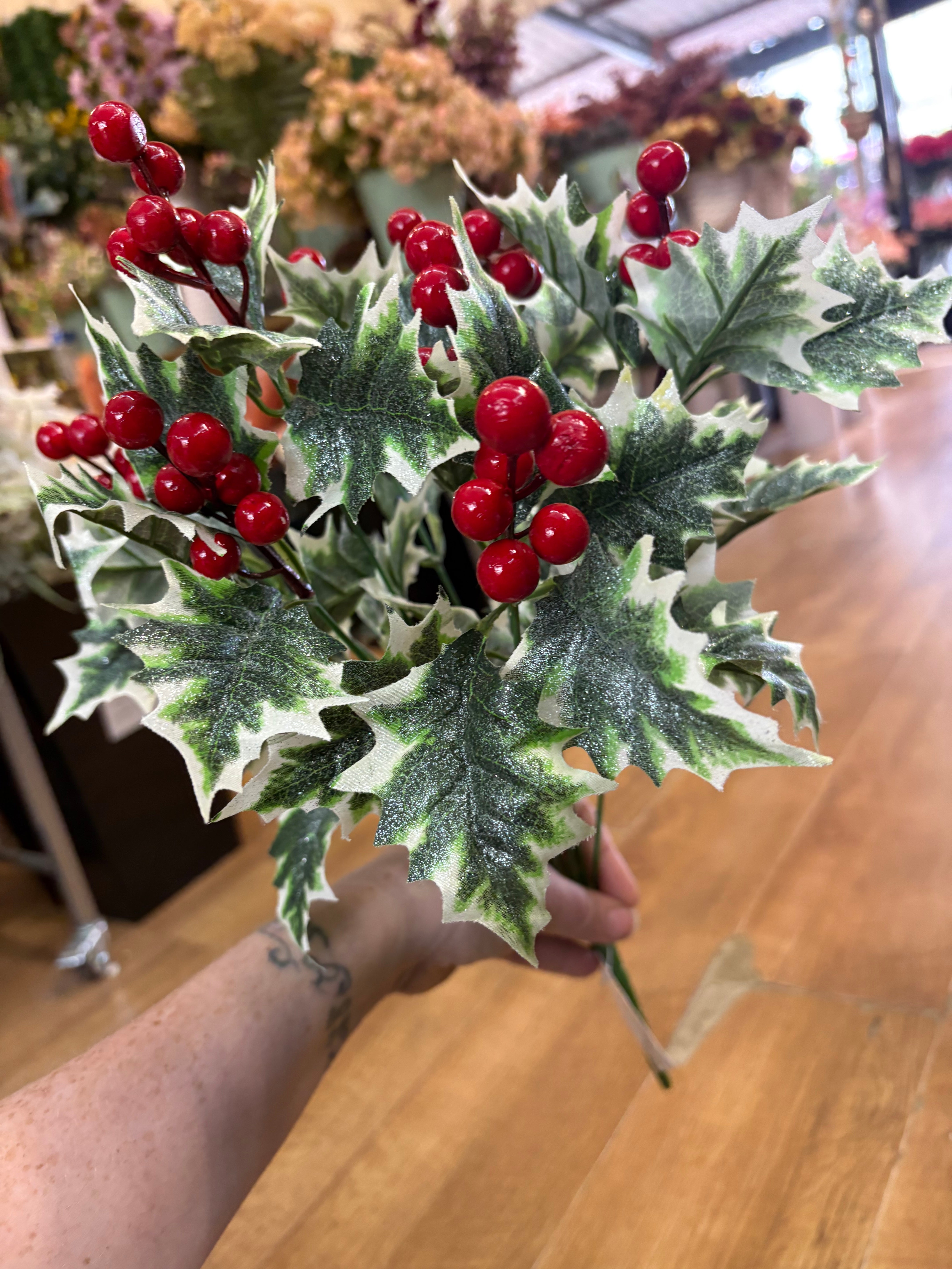 Large glittered shimmery variegated holly bunch