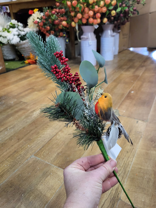 Mixed winter foliage and berry branch with a Robin image 0
