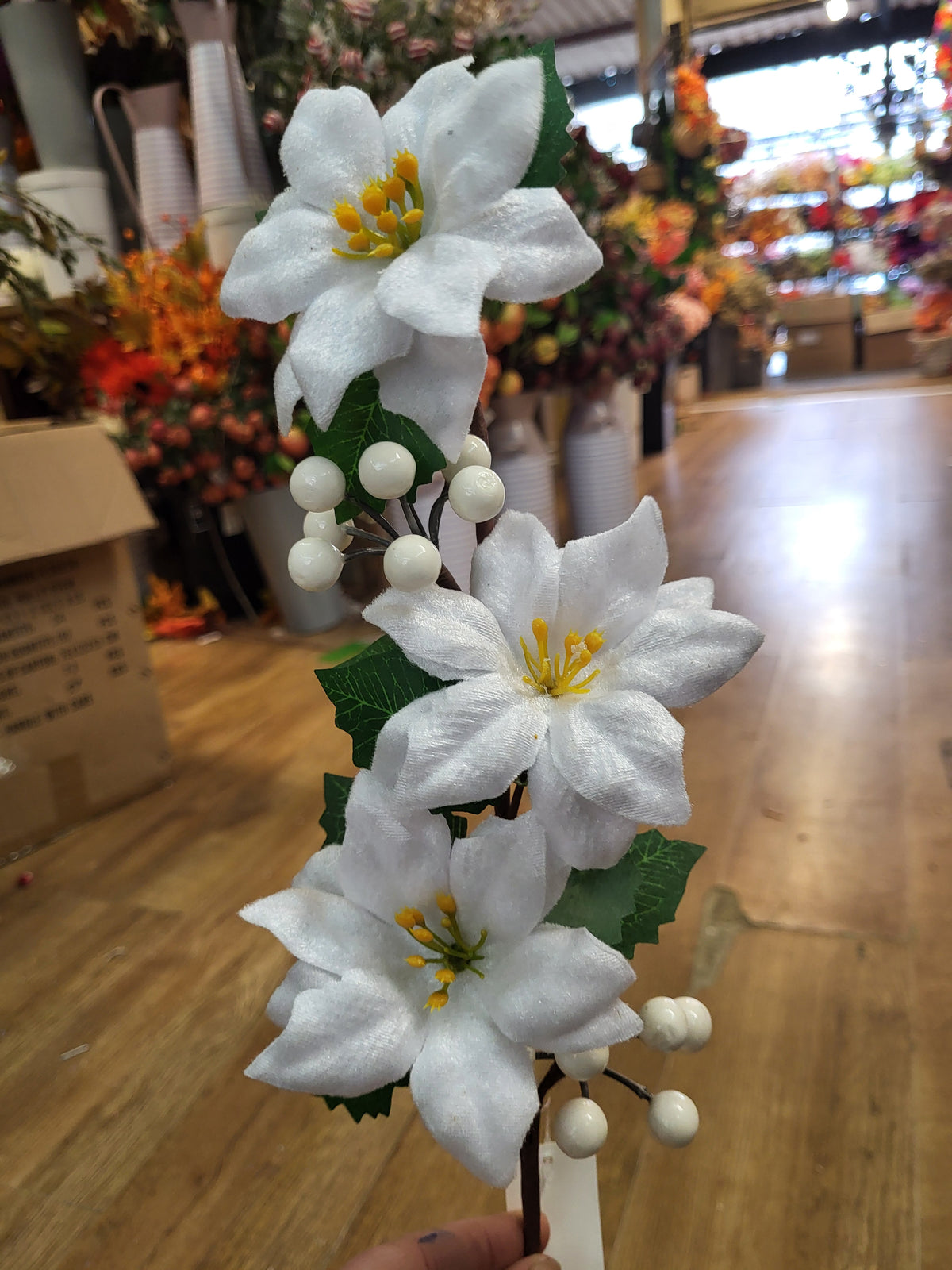50cm velvet poinsettias, berry and Holly stem - 2 colours available image 5