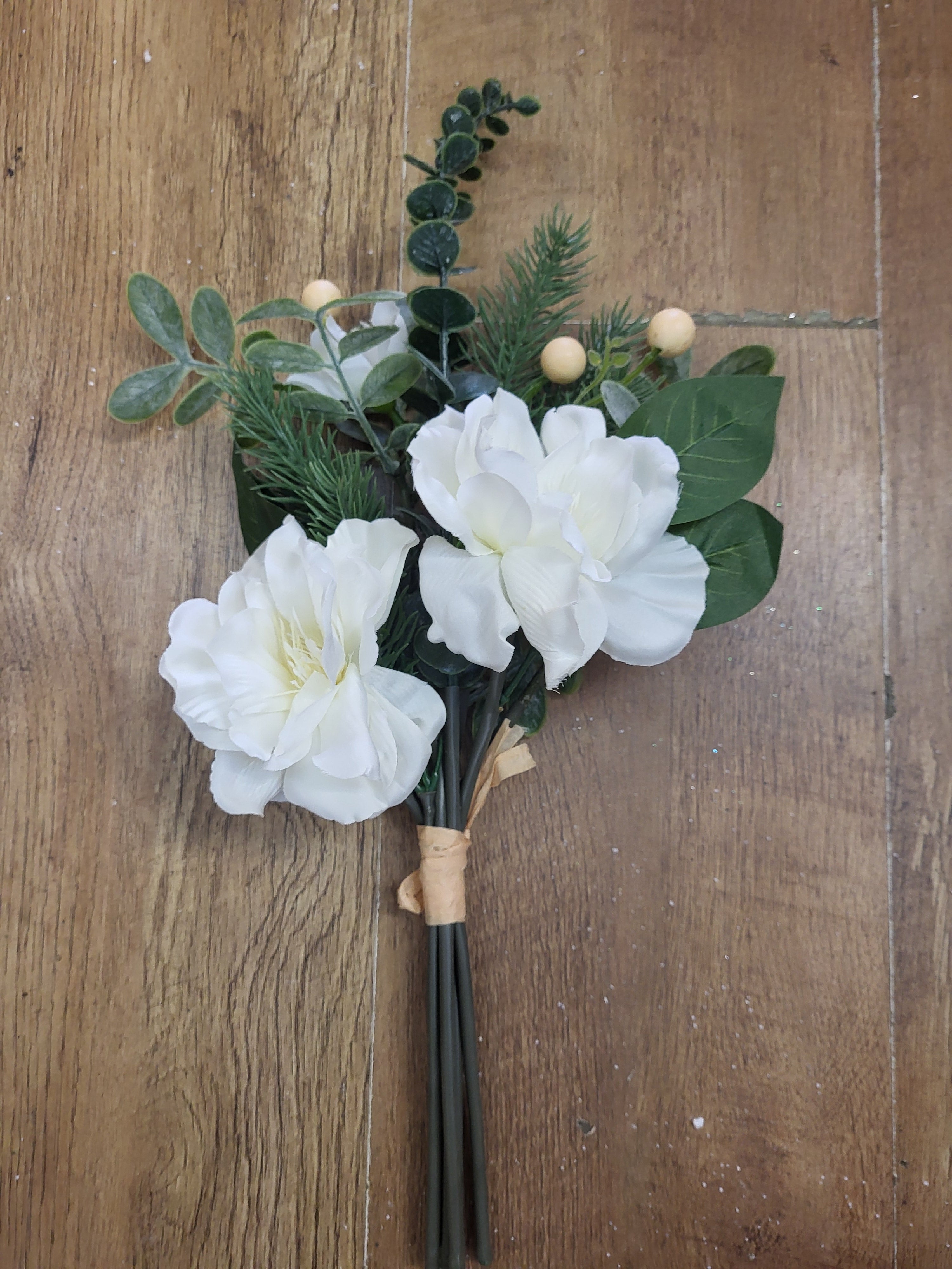 Hand tied winter foliage bundle with ivory flowers and cream berries image 3