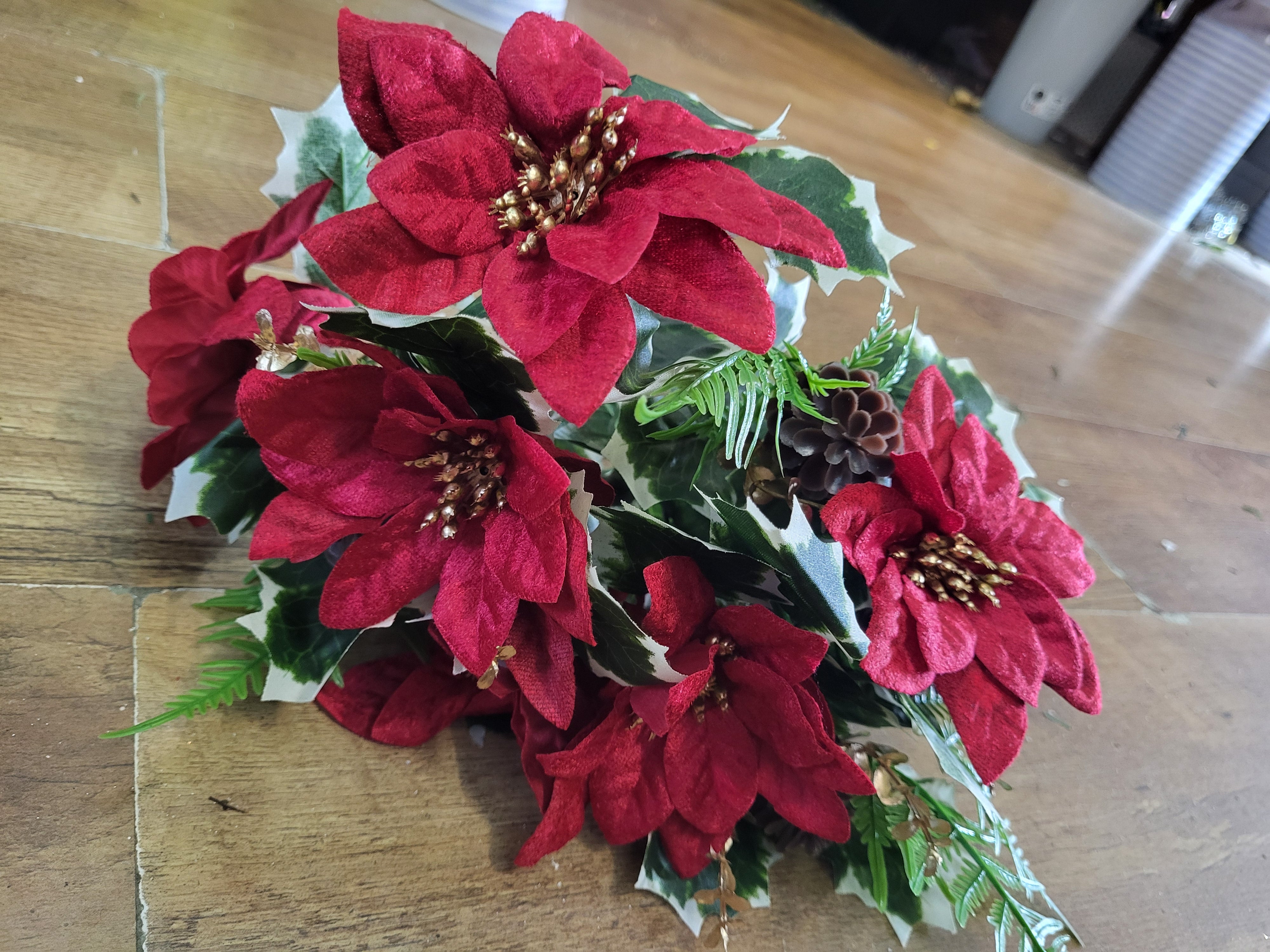 Large red velvet poinsettia and cone bouquet  image 5