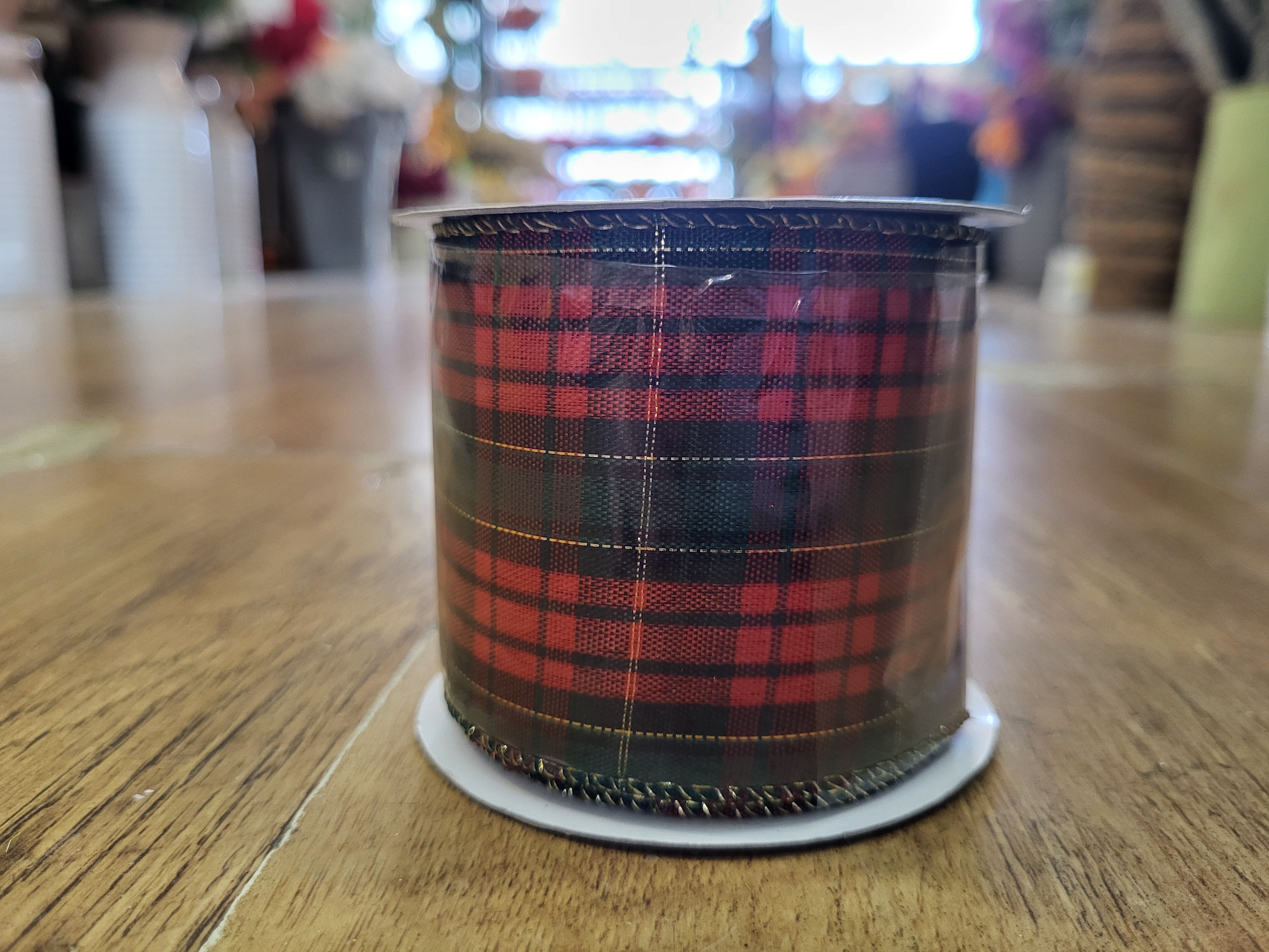 2.7m approx. roll of dark green/red tartan wired ribbon image 1