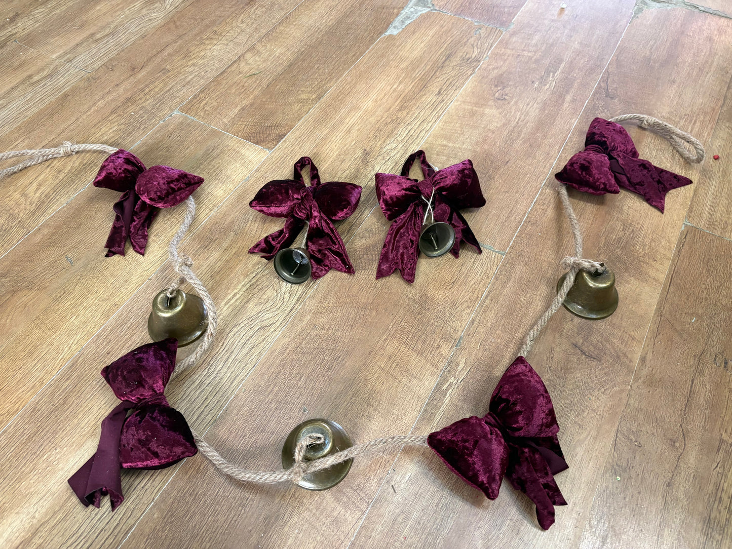 BUNDLE - 1.8m burgundy velvet bow and Christmas bell garland and 2 matching hanging bows with bells