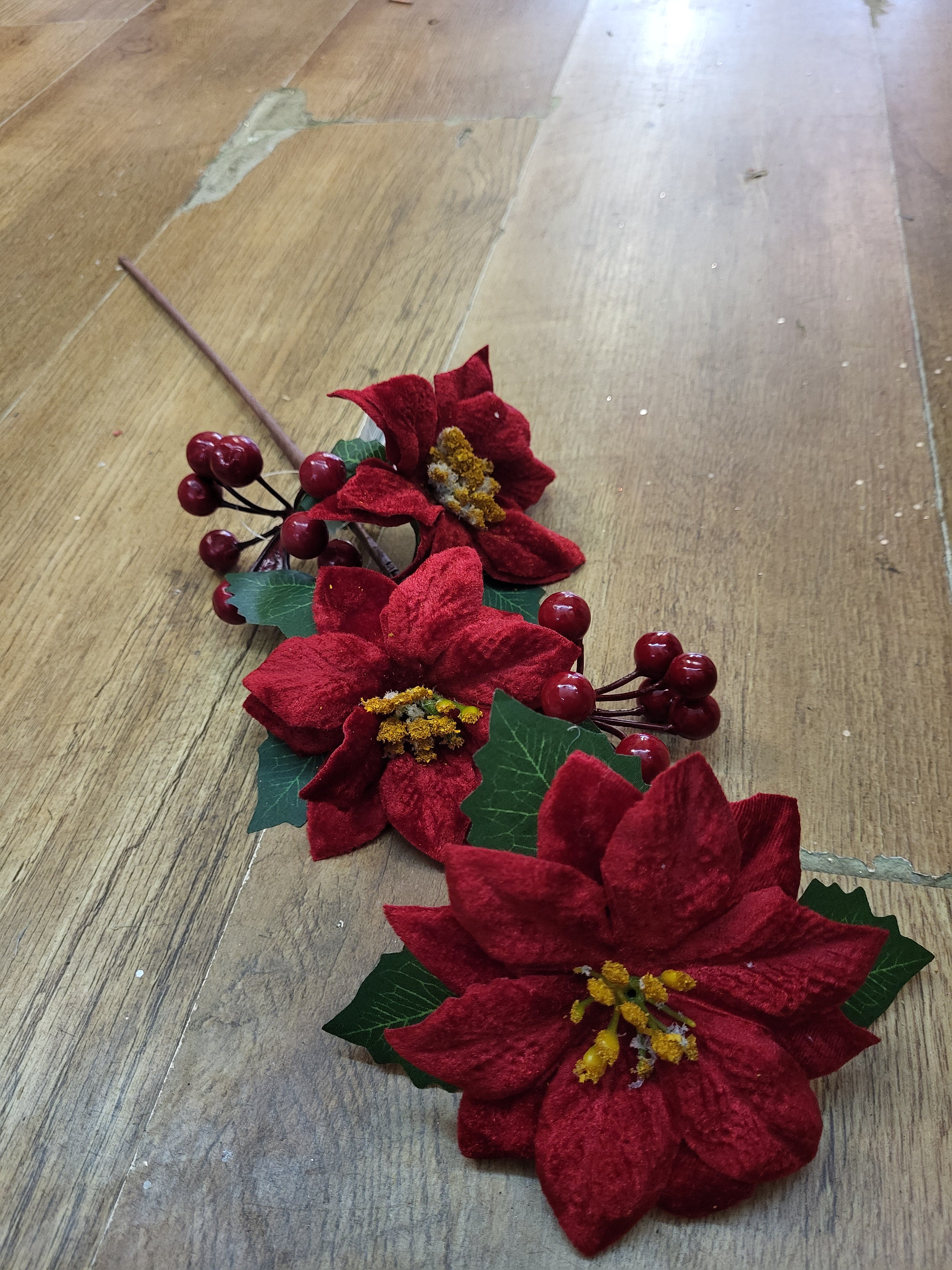 50cm velvet poinsettias, berry and Holly stem - 2 colours available image 2