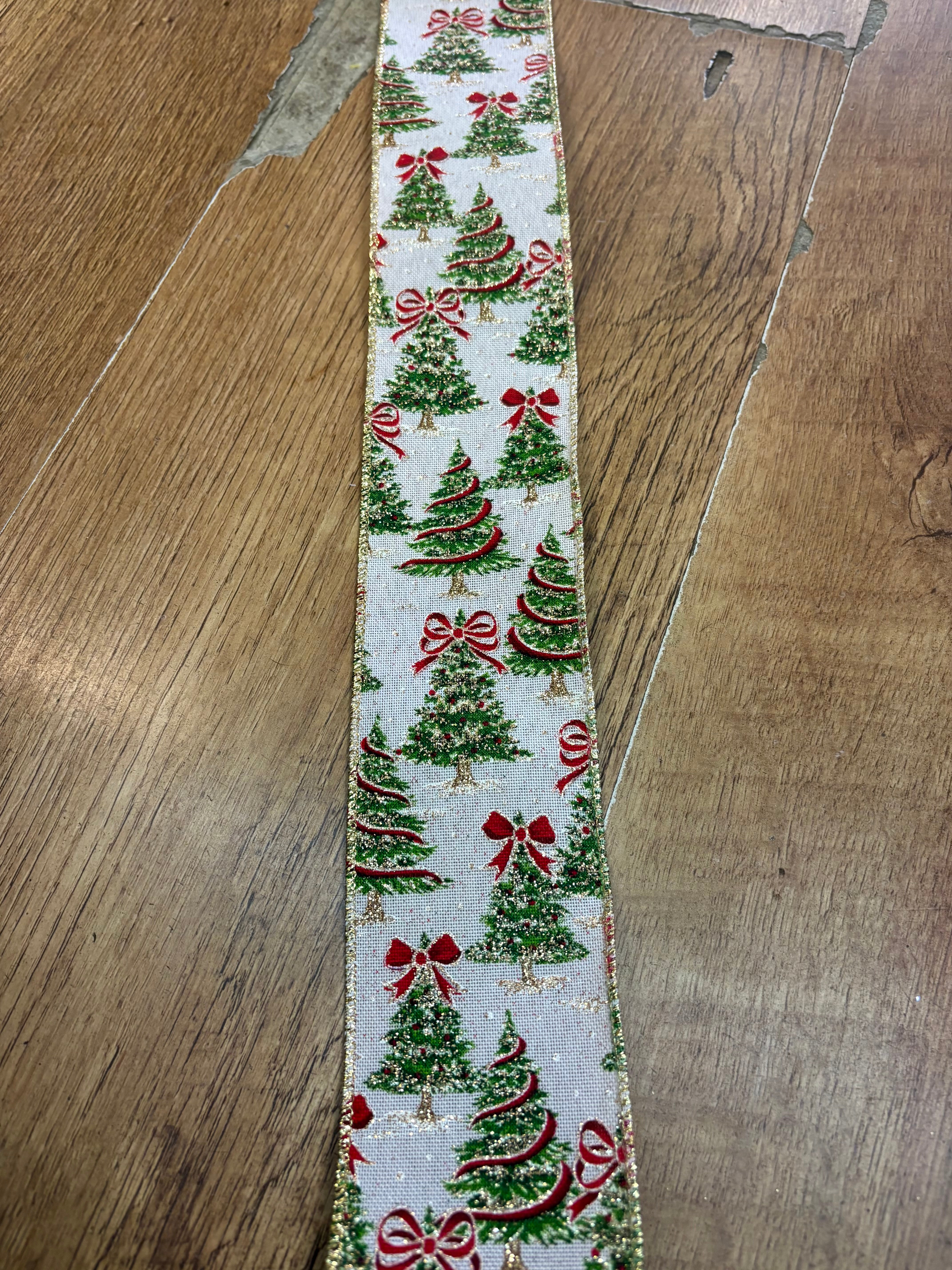 2.5 inch wide glittered Christmas tree wired ribbon - 10 metres