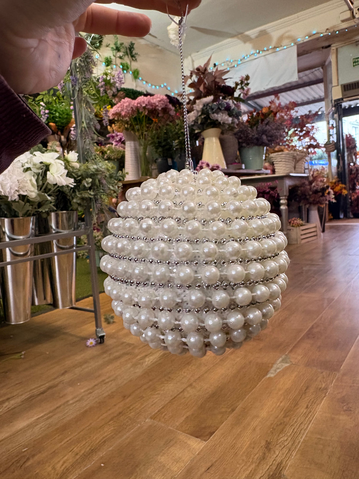 Elegant white pearl and silver beading 10cm bauble