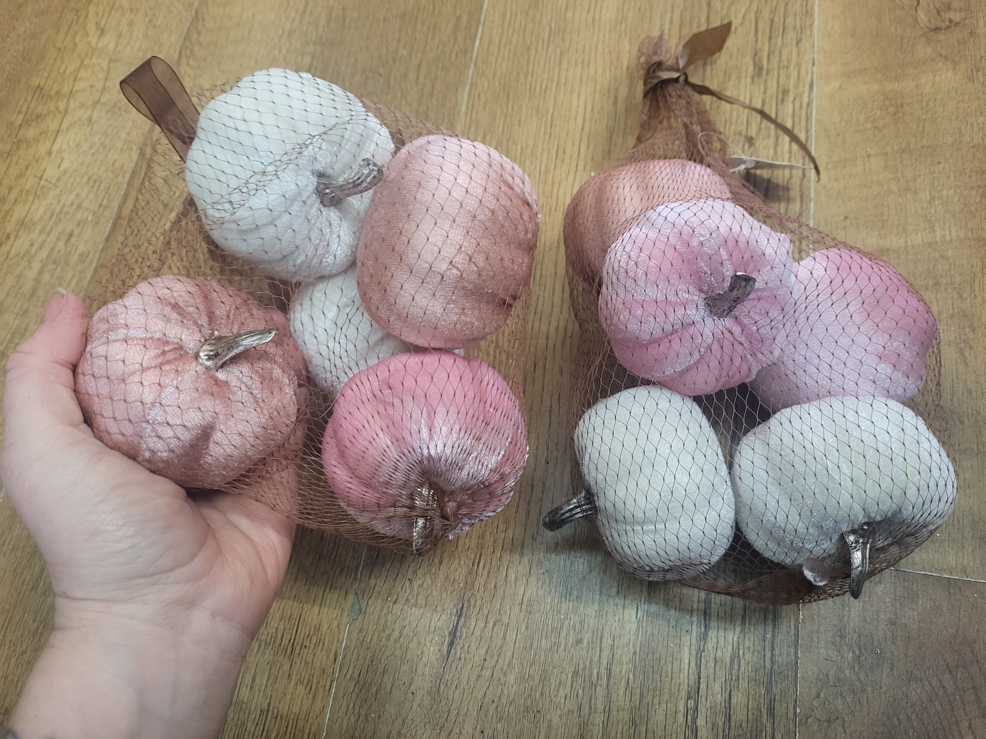 Bundle of 2 packs of 5 mixed pinks and cream velvet pumpkins image 1