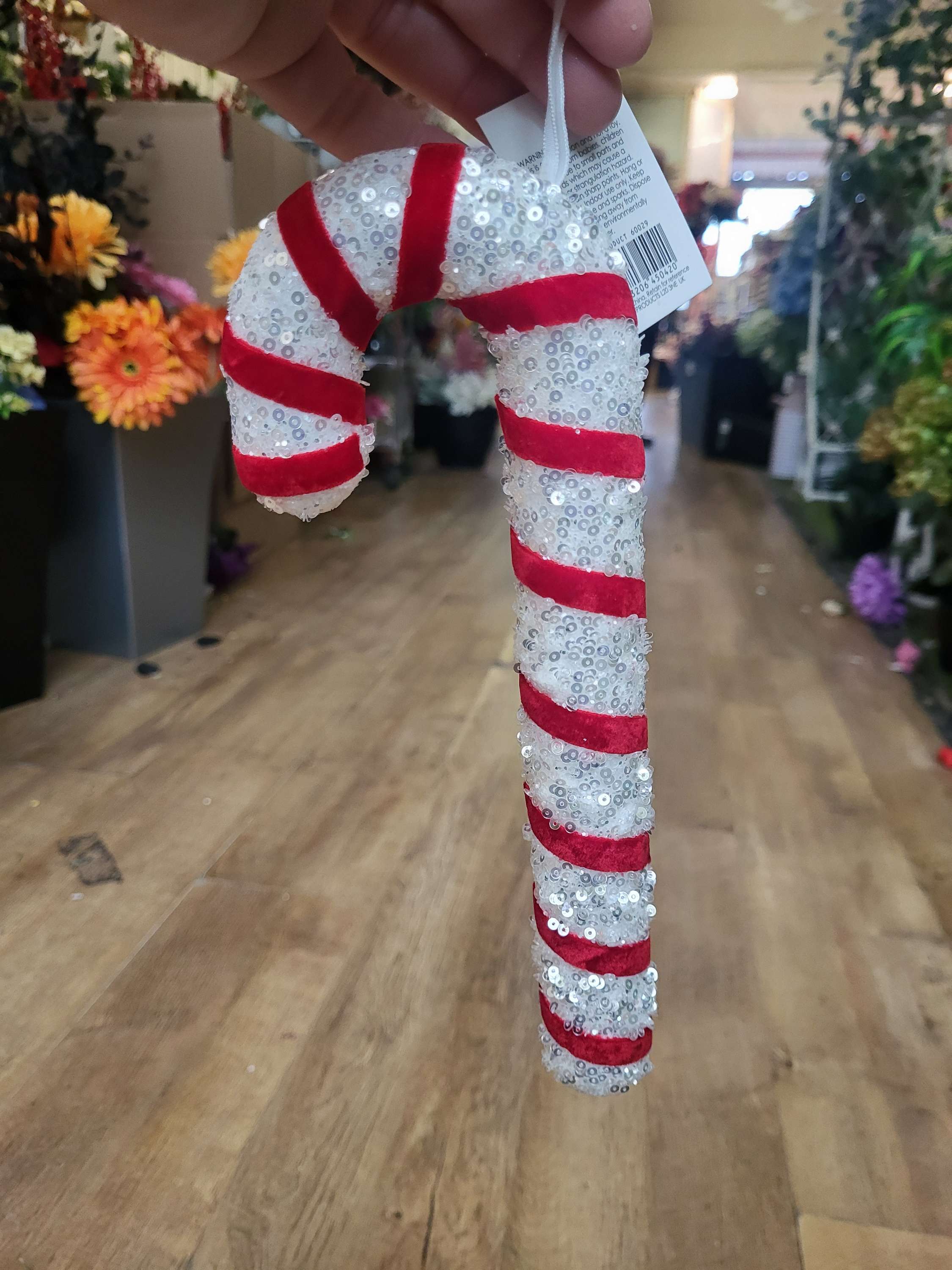 25cm red and white sequin hanging candy cane image 0