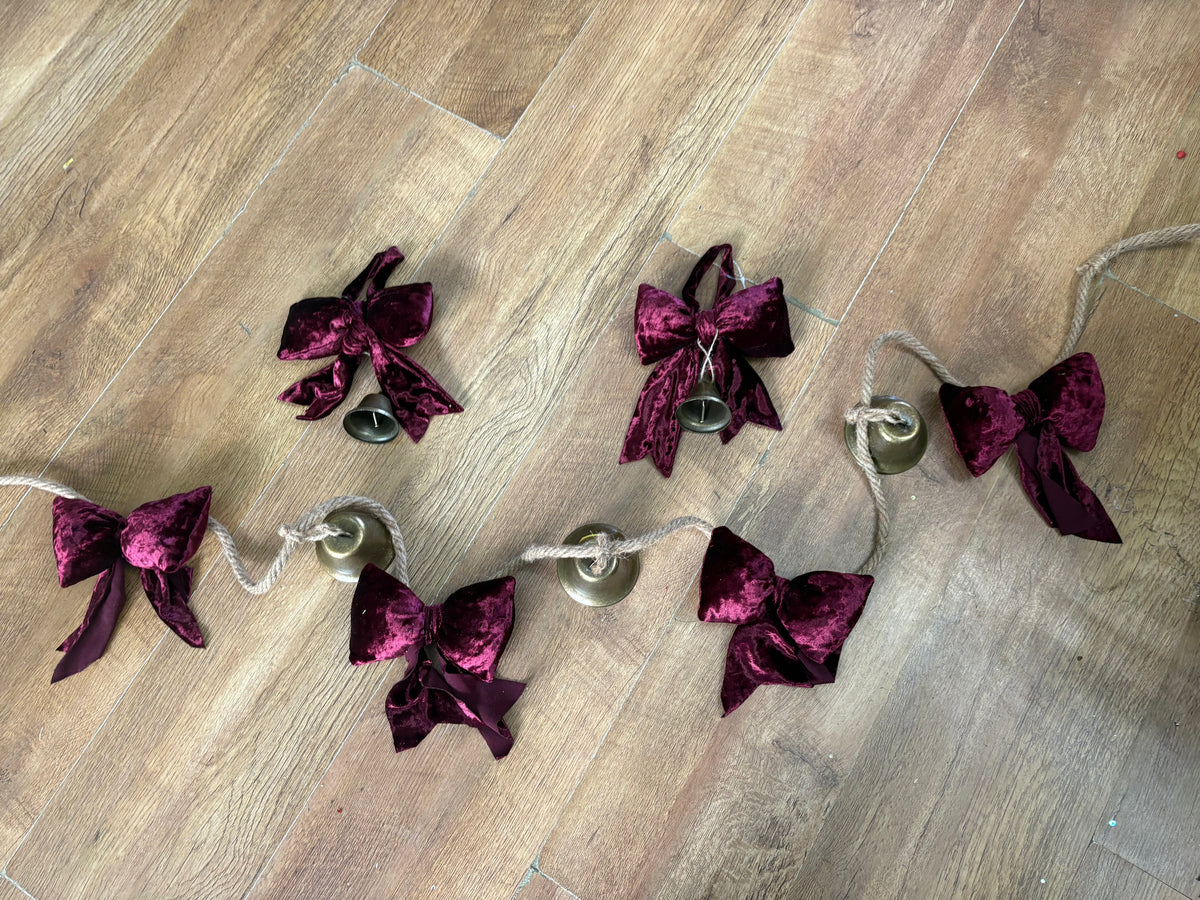 BUNDLE - 1.8m burgundy velvet bow and Christmas bell garland and 2 matching hanging bows with bells