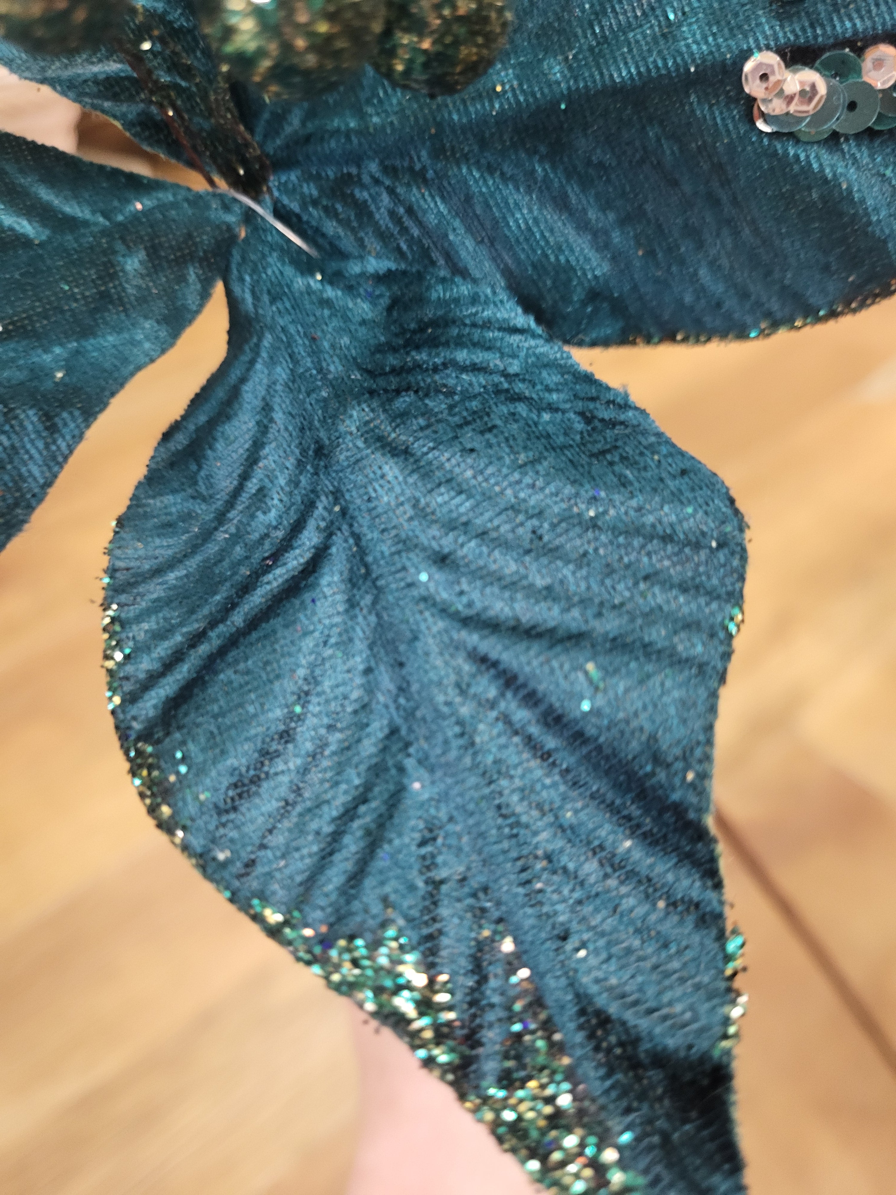 Long stem Teal velvet and glitter single poinsettia  image 3