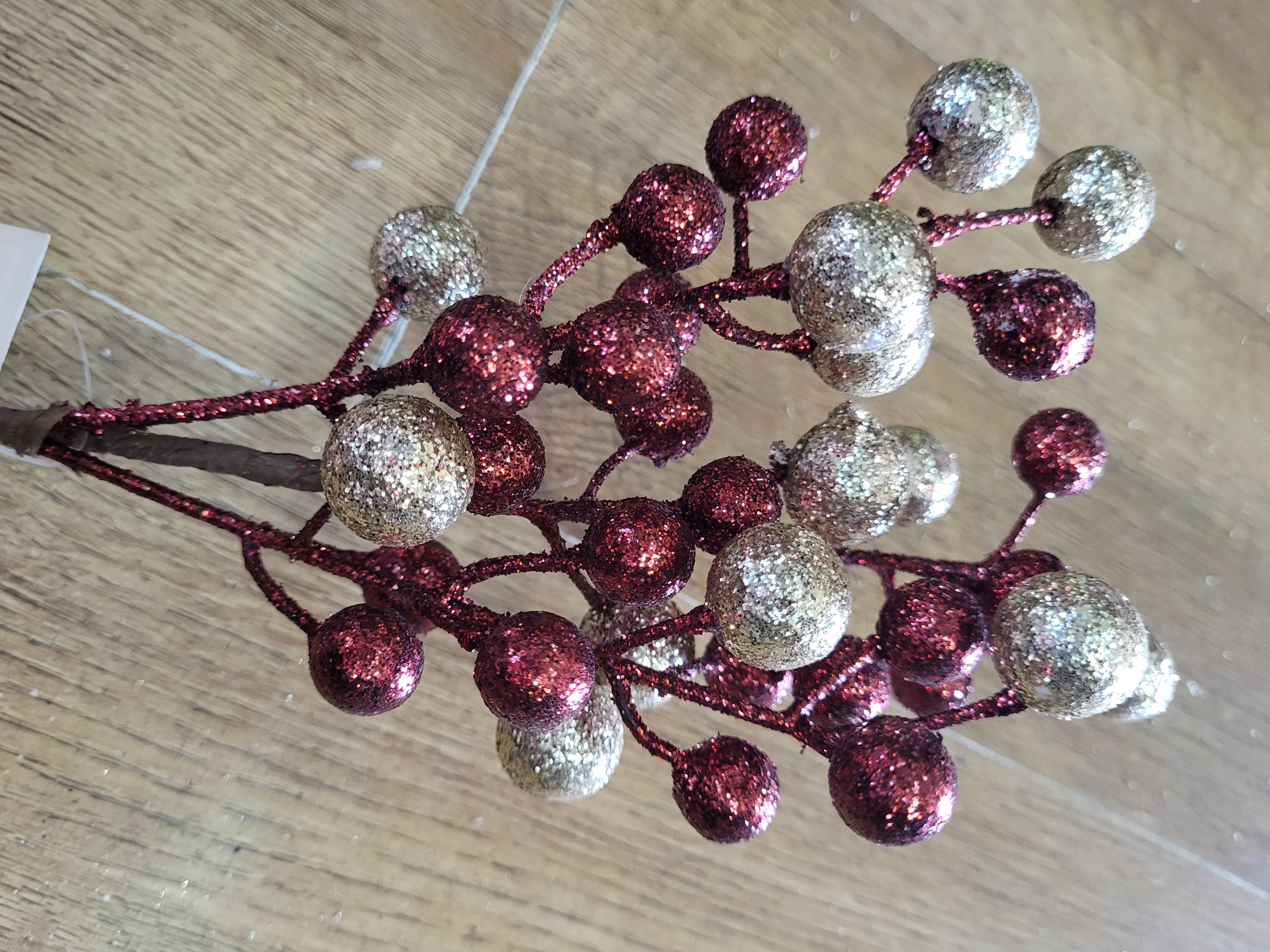 36cm Dark red and champagne gold glitter ball stem image 2