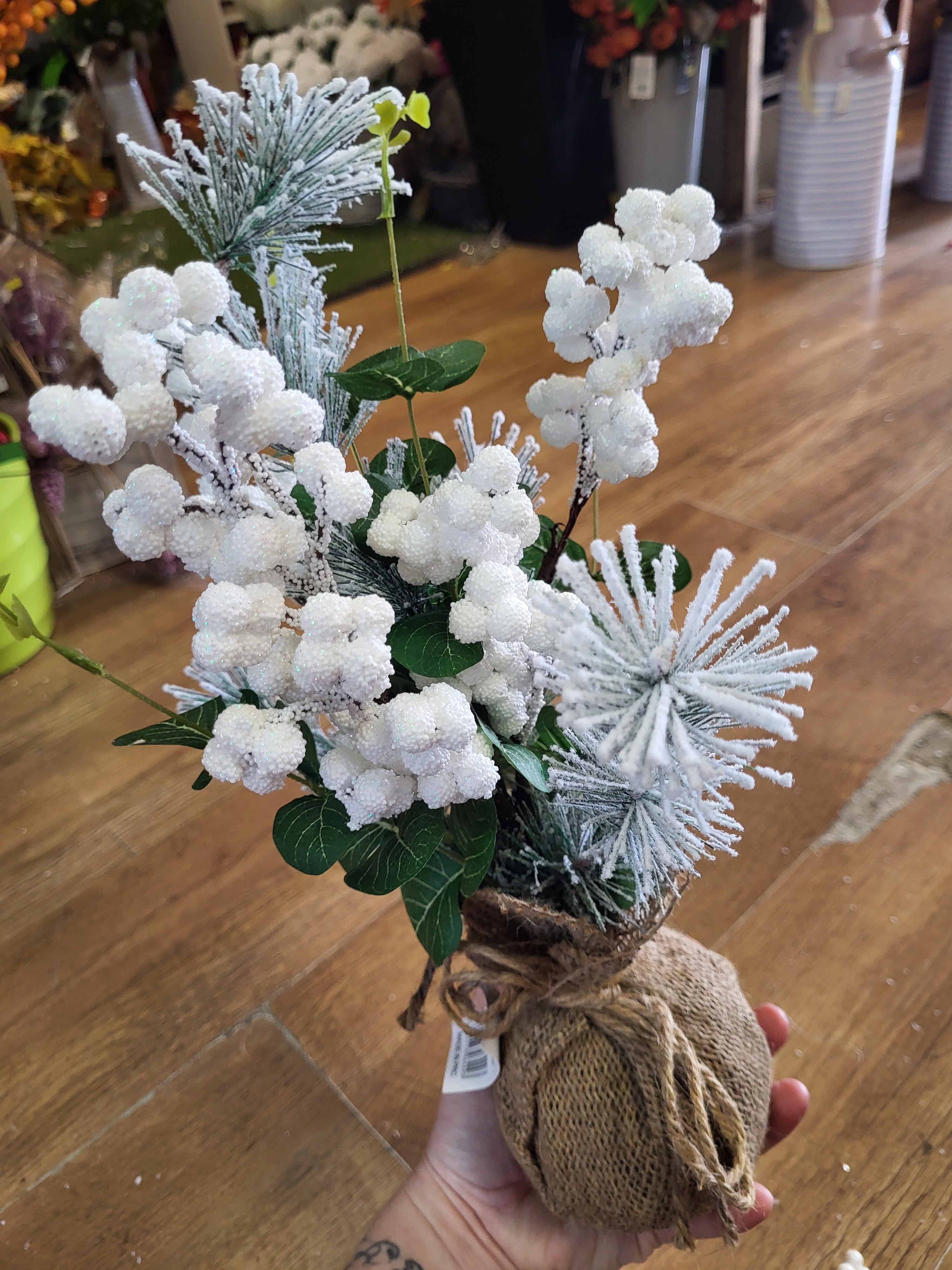 Frosted white berries and foliage wrapped in burlap - table centre piece image 2