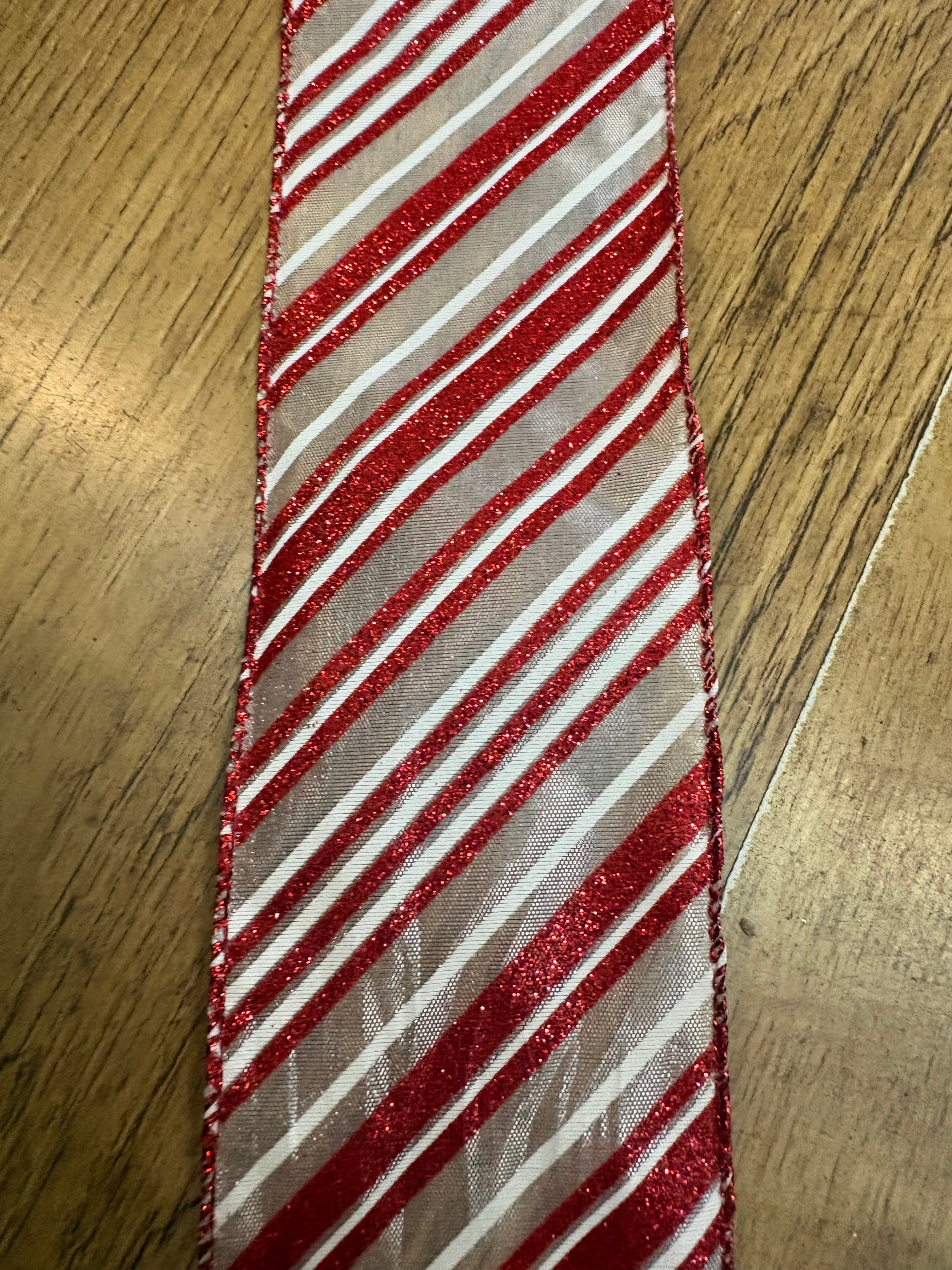 2.5 inch glittered red and white candy cane theme wired ribbon - 10 metres