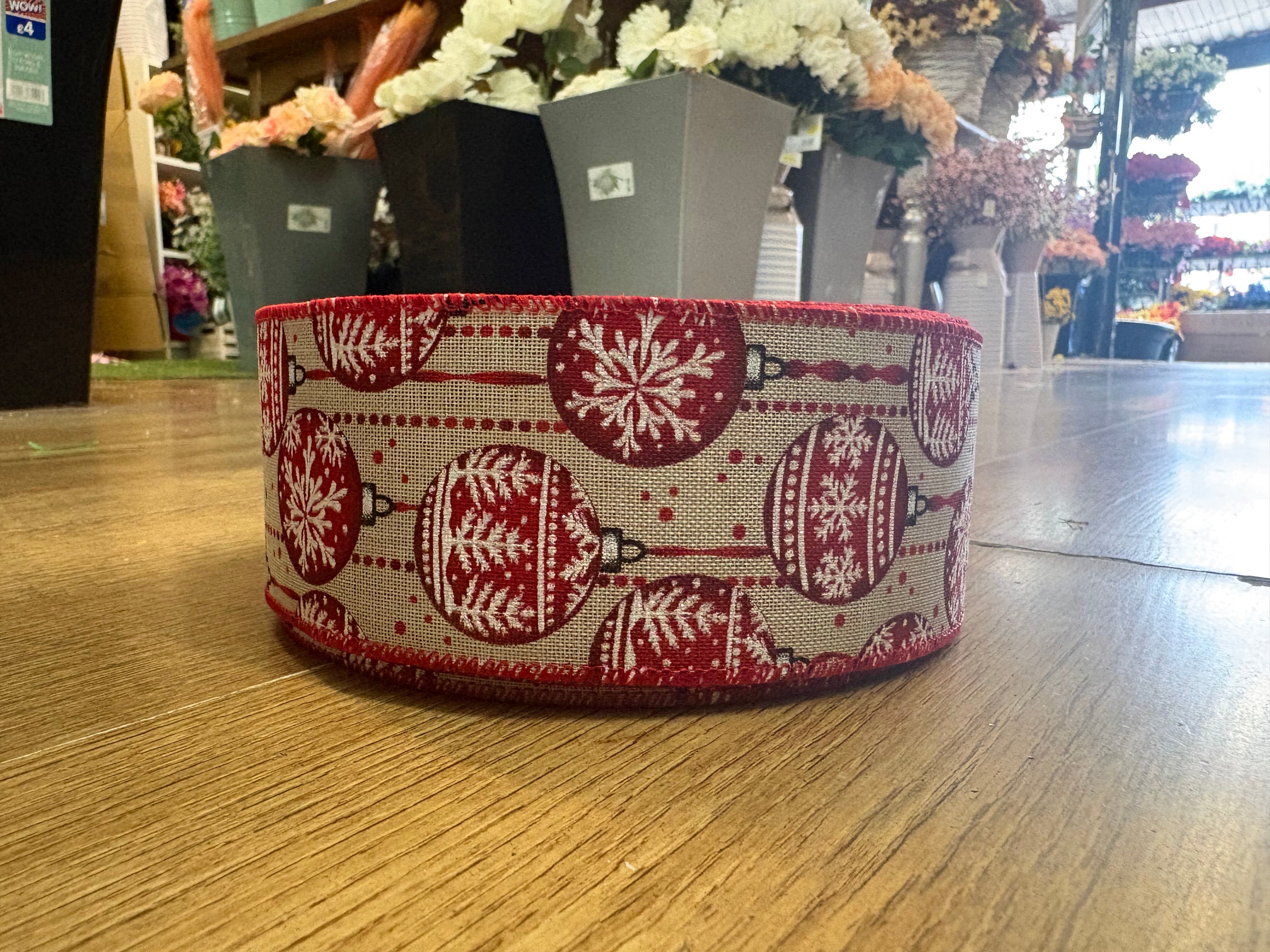 2.5 inch wide burlap and red/white bauble wired ribbon - 10 metres