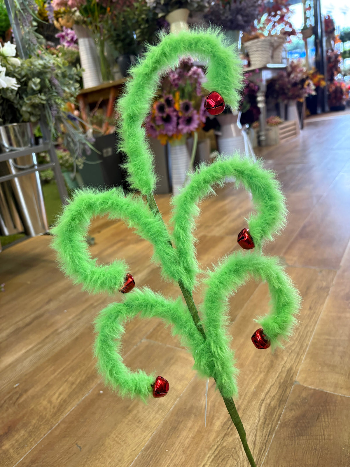 Fluffy green swirly stem with red bells