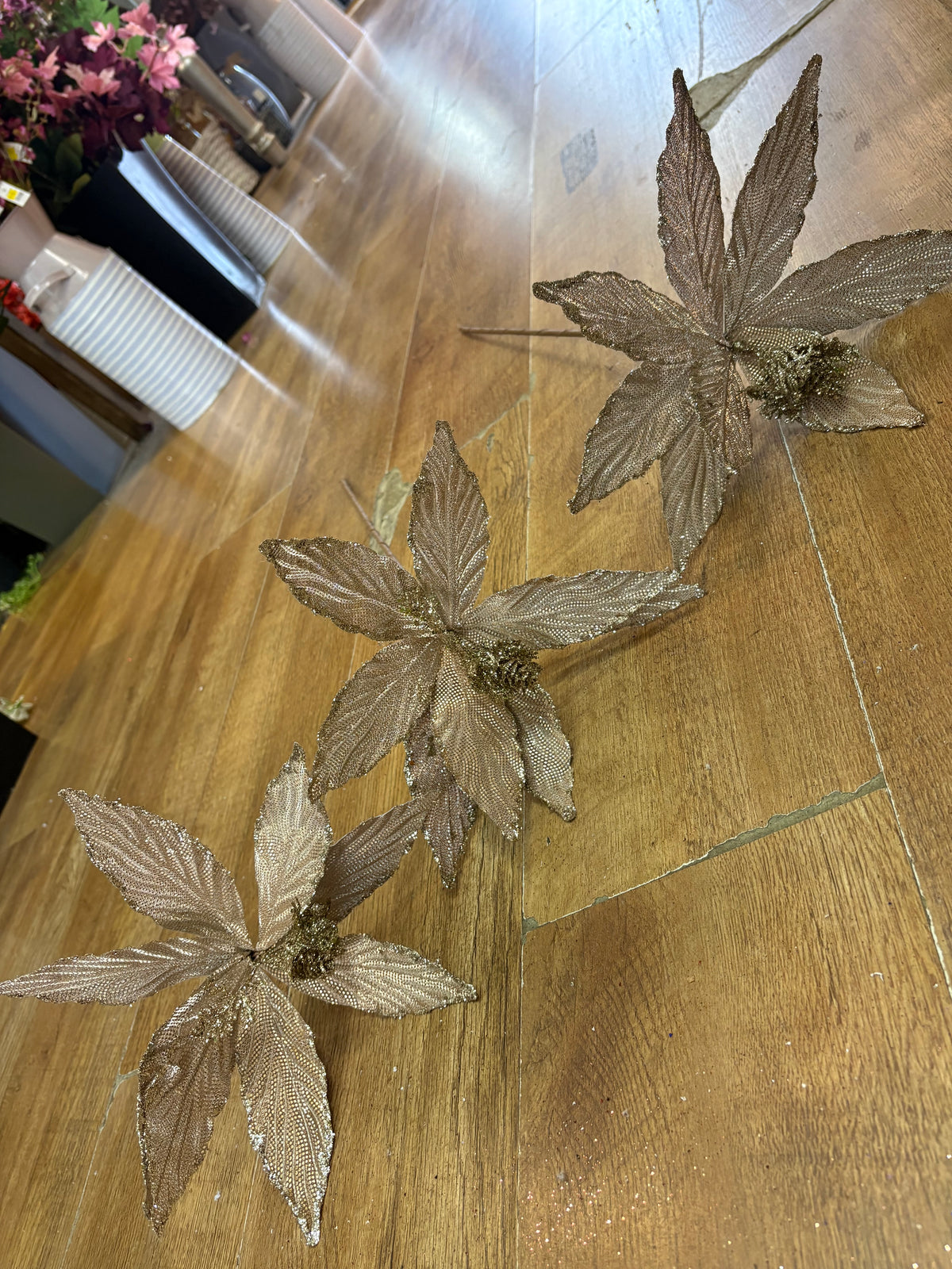 Bundle of 3 single champagne glittered poinsettias