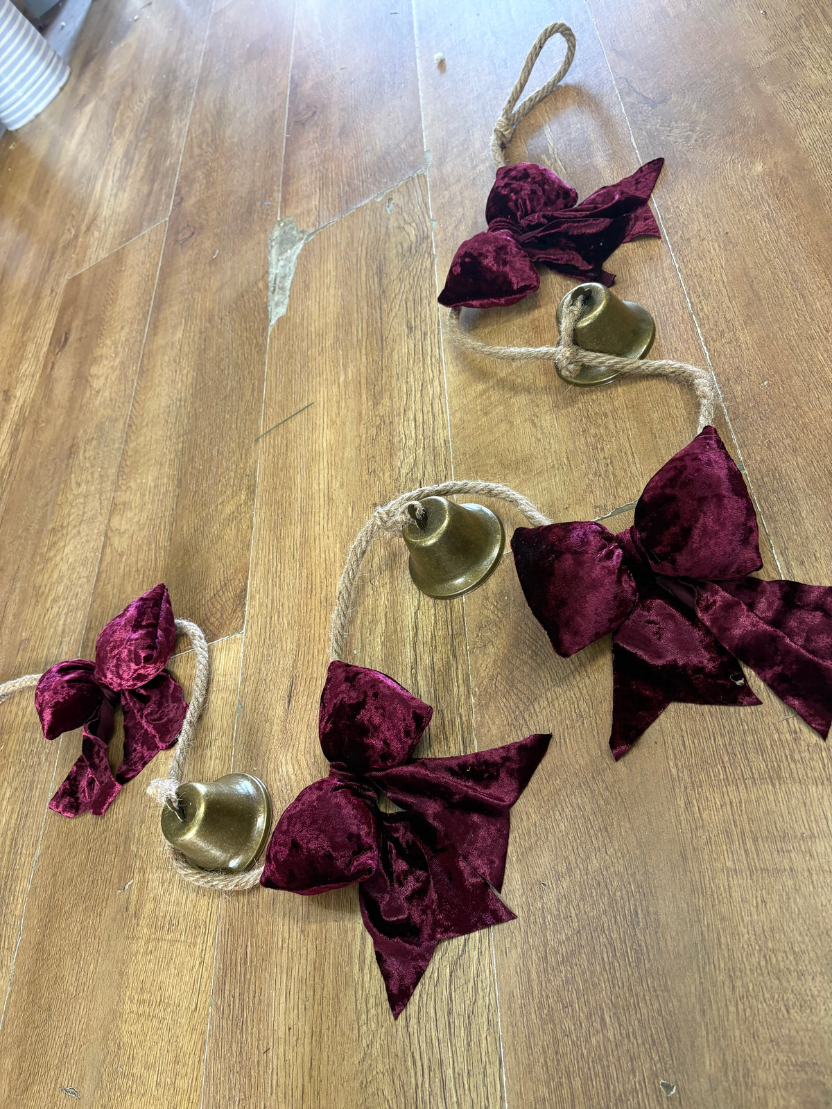 Burgundy velvet bow and Christmas Bell Garland (1.8m Long)