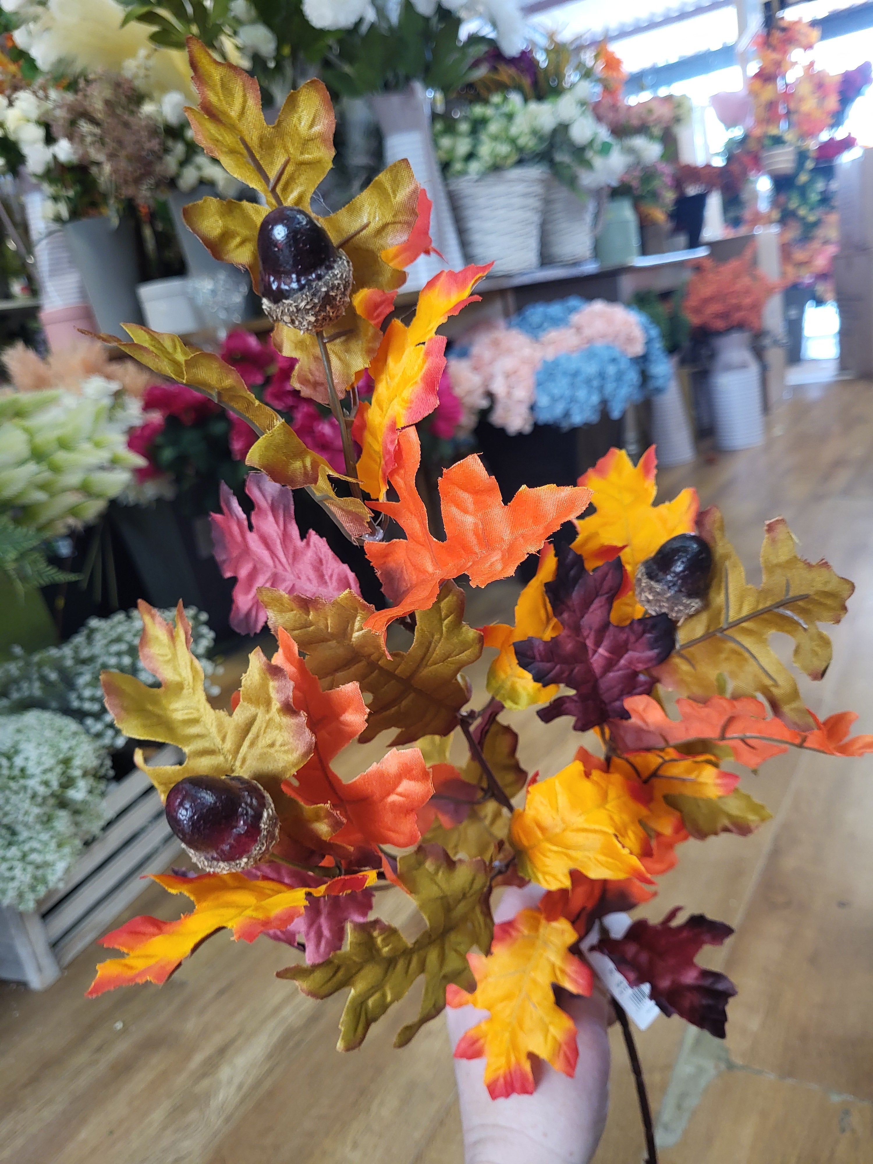 Long stem burgundy/green/orange acorn spray  image 0