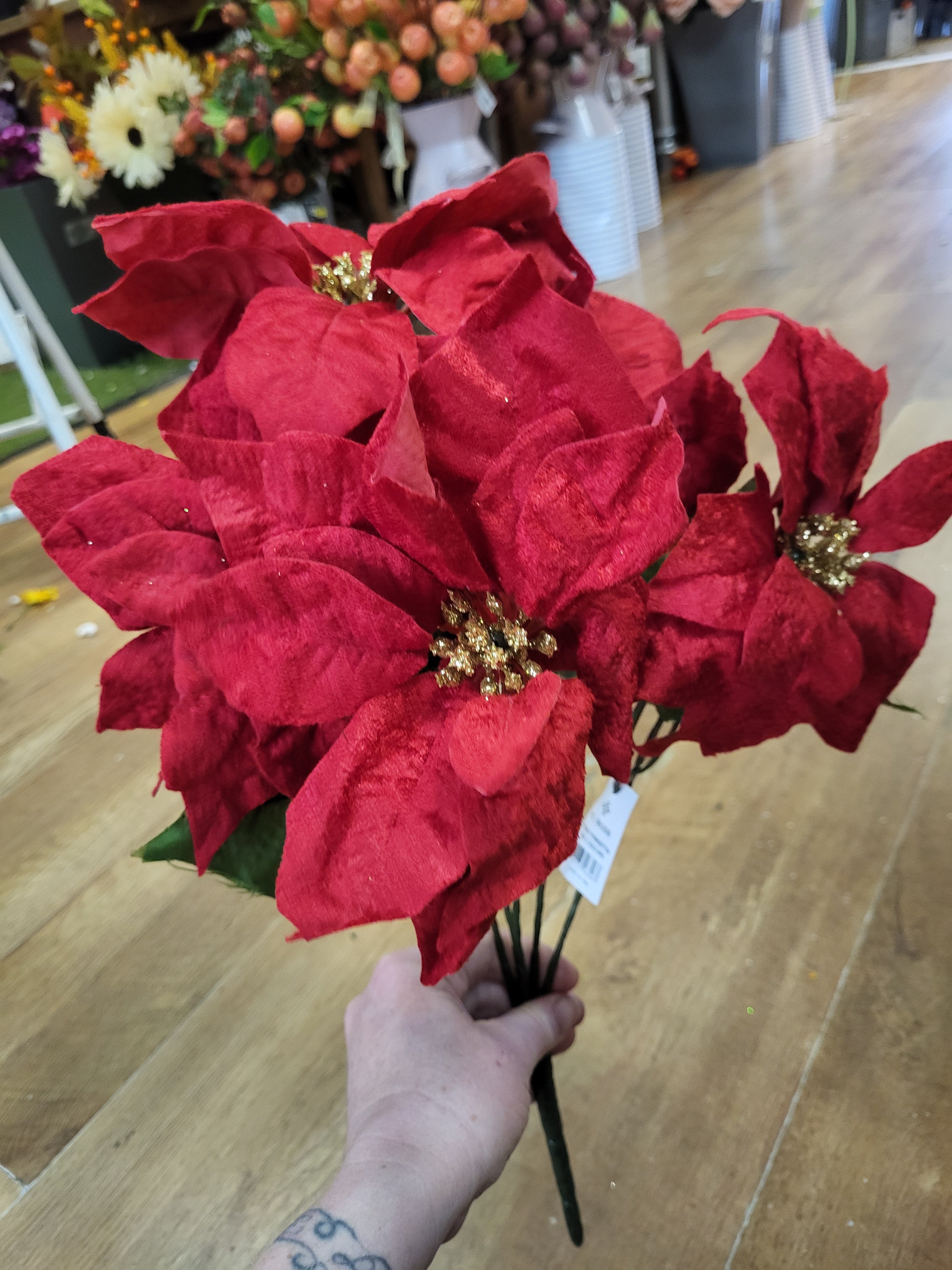 Velvet poinsettia bouquet, 5 large heads - red and gold image 2