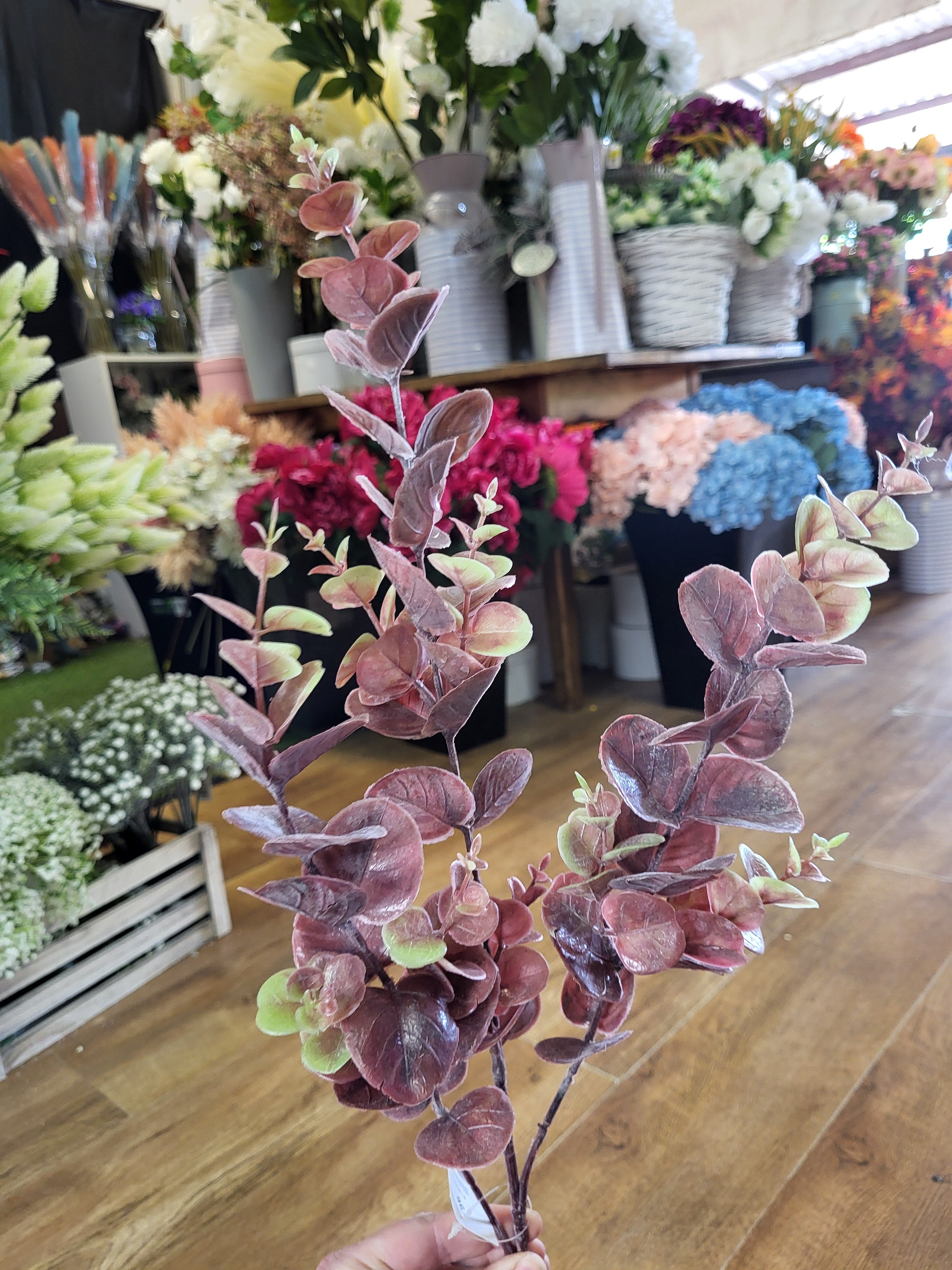 Long stem plastic Reddish brown eucalyptus spray  image 3