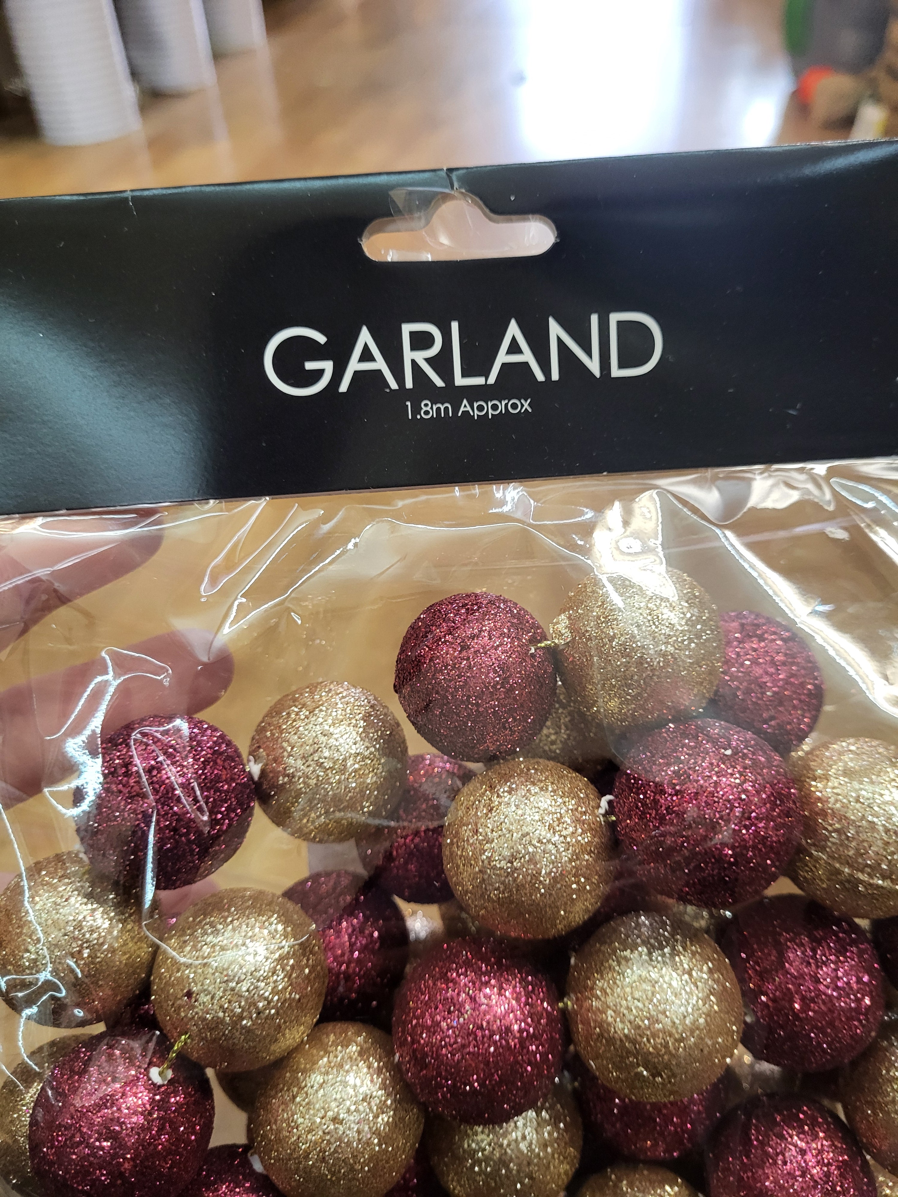 1.8m dark red and champagne gold glitter ball garland image 1