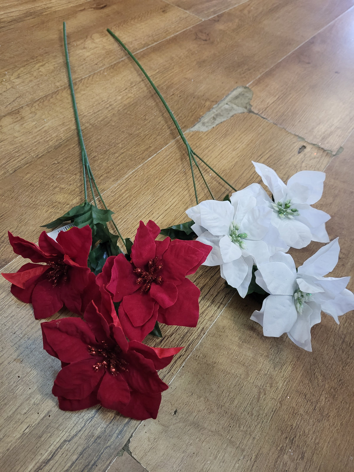 Long stem 3 headed poinsettia with glittered centres - 2 colours available image 2