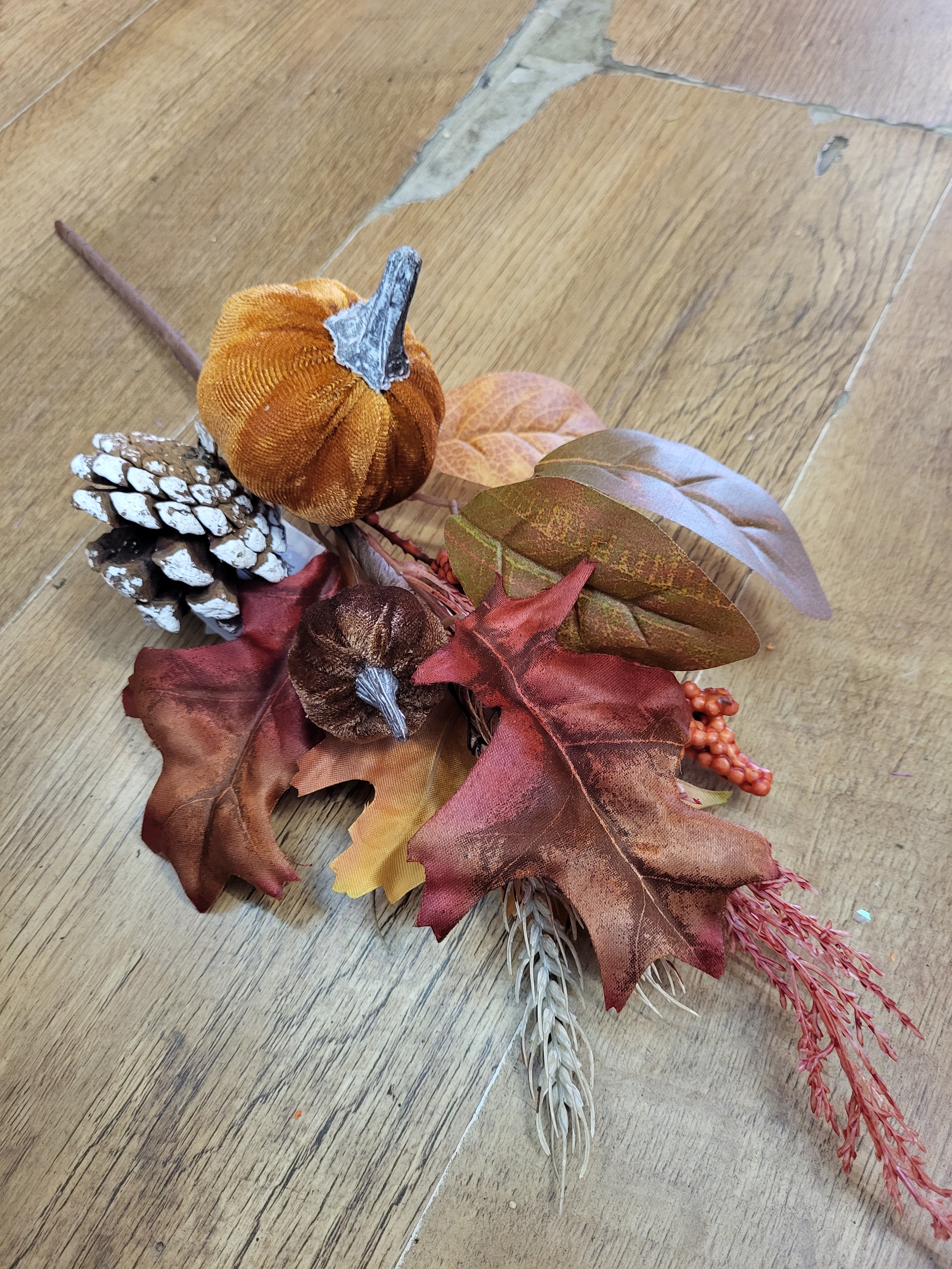 Velvet pumpkin, cones and mixed autumnal foliage branch image 4