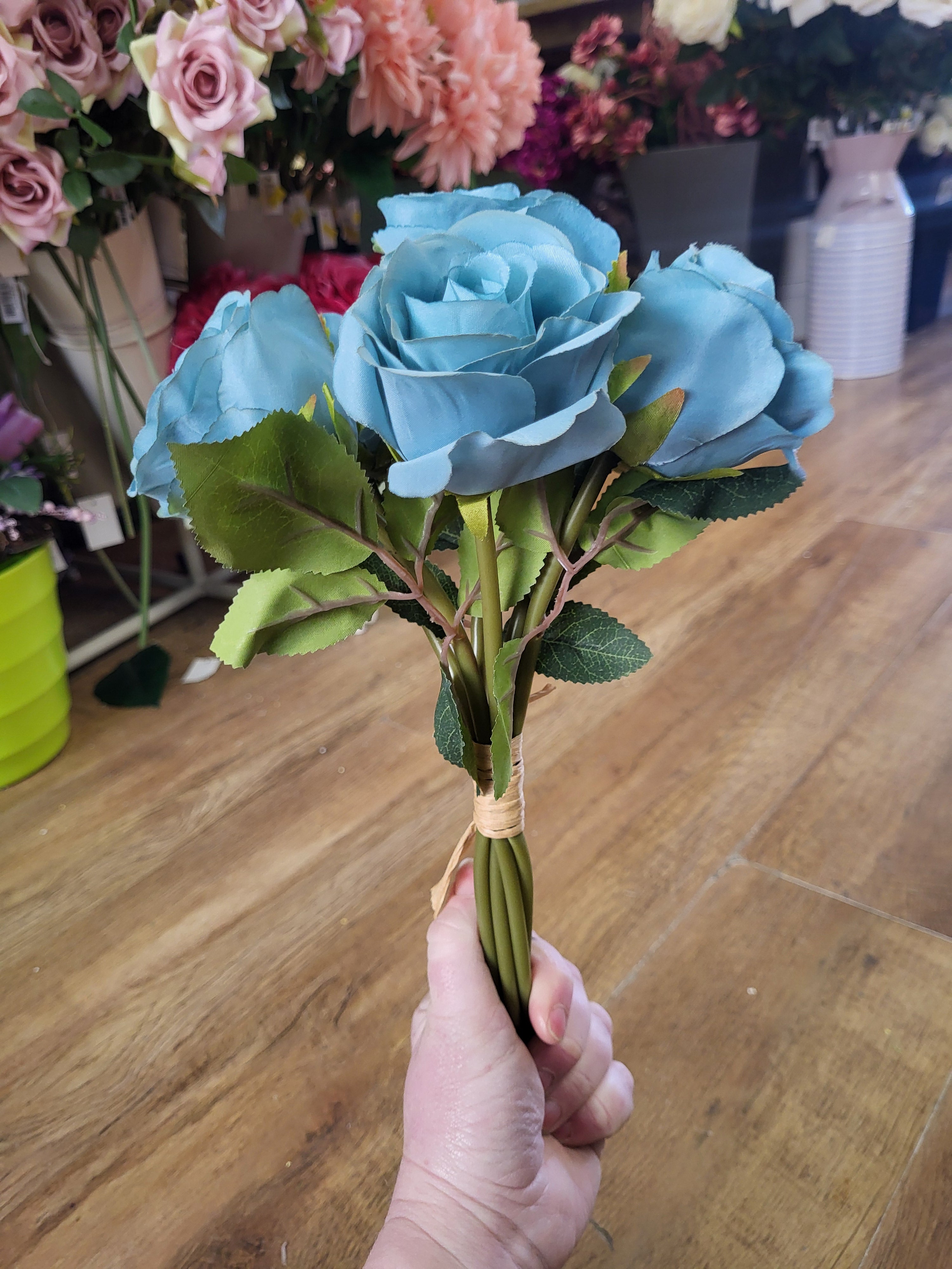 Hand tied bundle of 7 duck egg blue roses image 6
