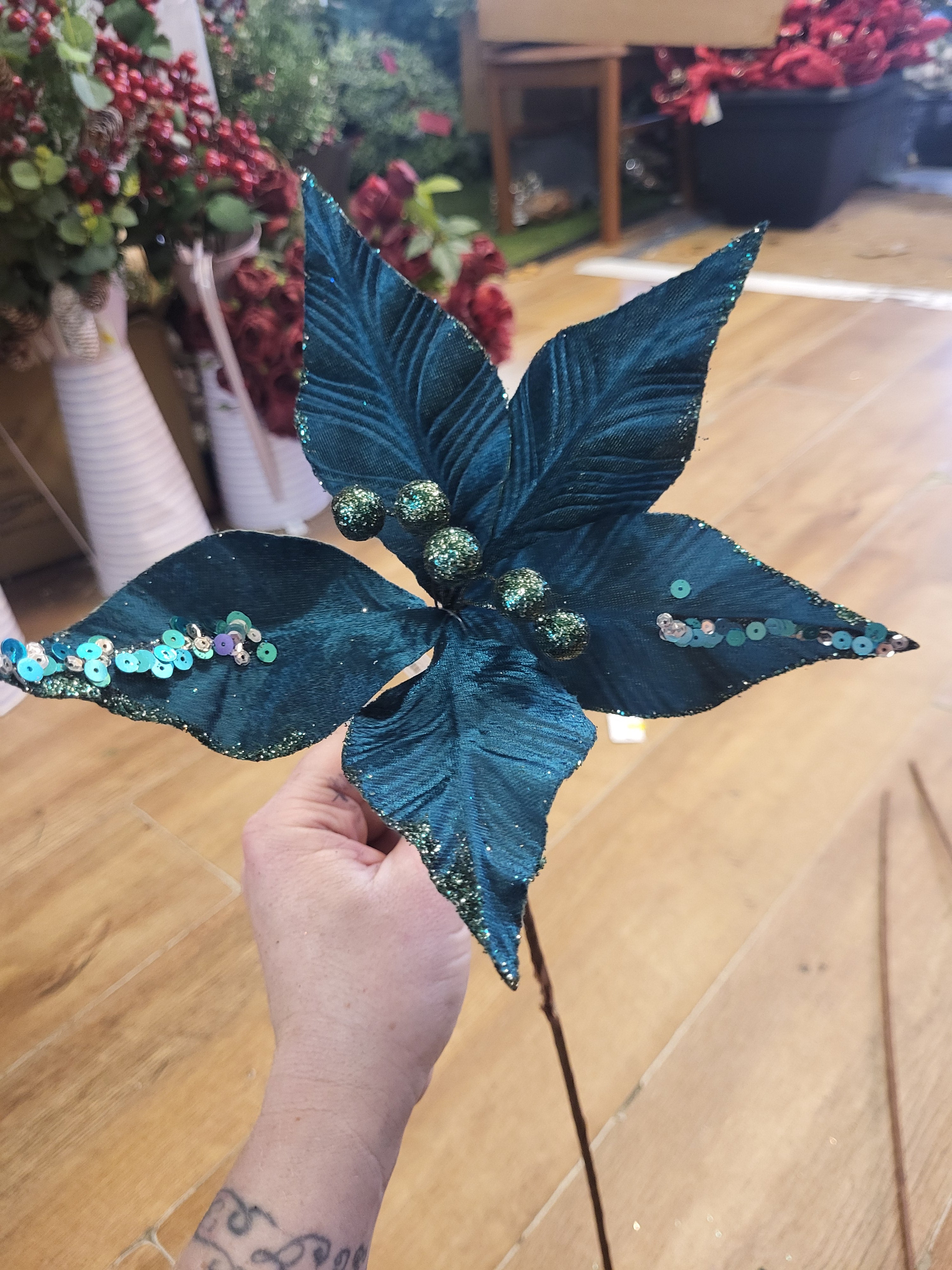 Bundle of 3 Long stem Teal velvet and glitter single poinsettias image 1