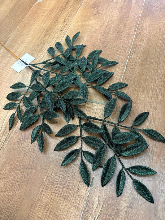 60cm dark green glitter leaf spray