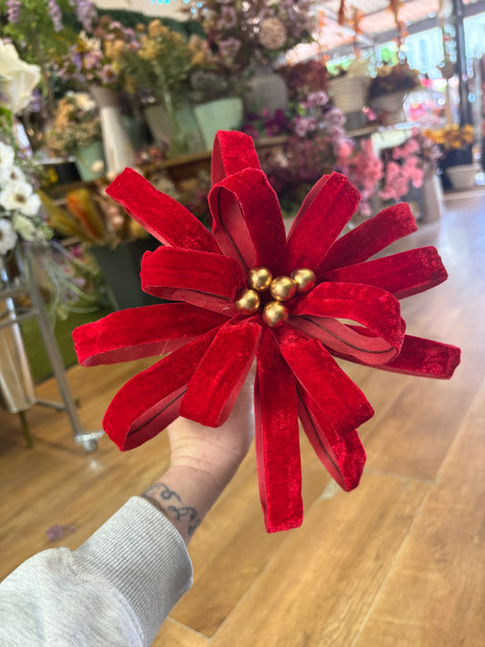 Wired Red velvet and gold berry Christmas decor stem