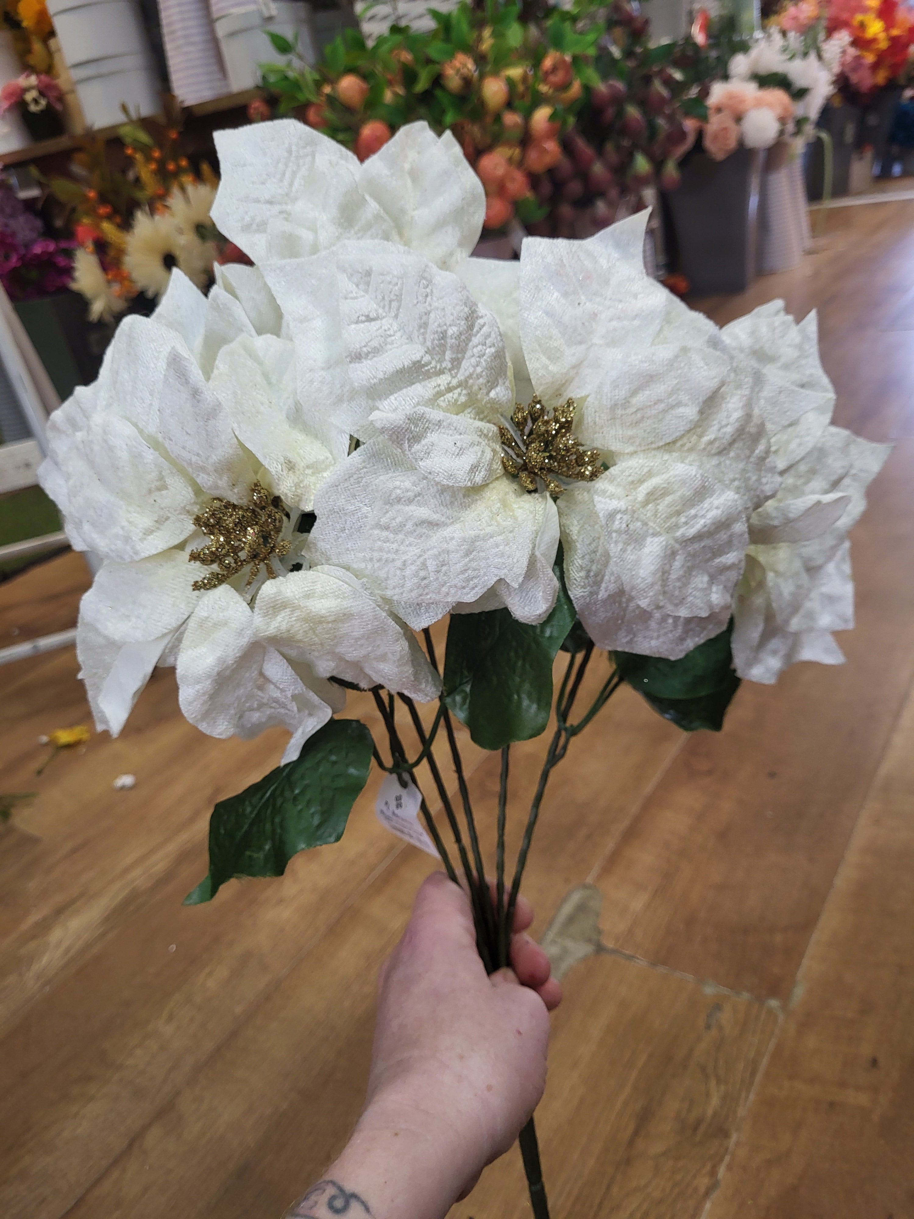 Velvet poinsettia bouquet, 5 large sized heads  - cream and gold image 2