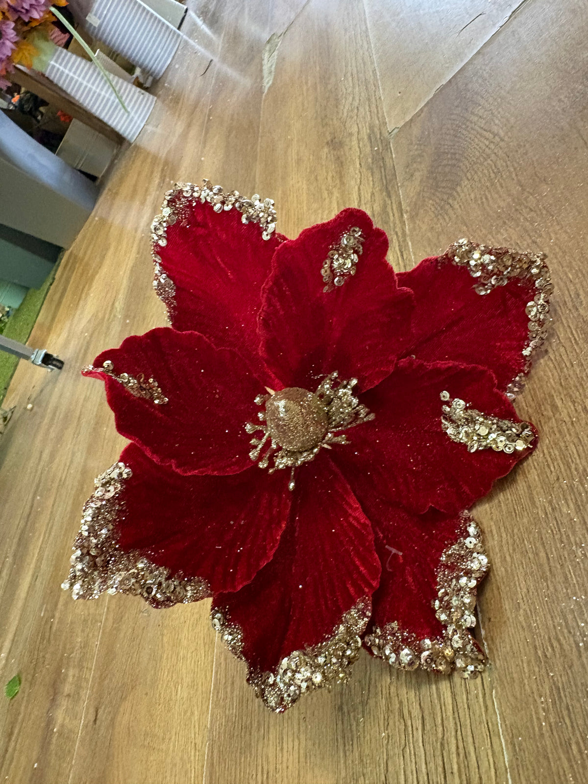 25cm dark red velvet and gold glittered magnolia