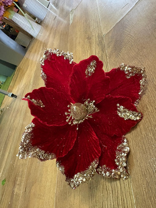 25cm dark red velvet and gold glittered magnolia
