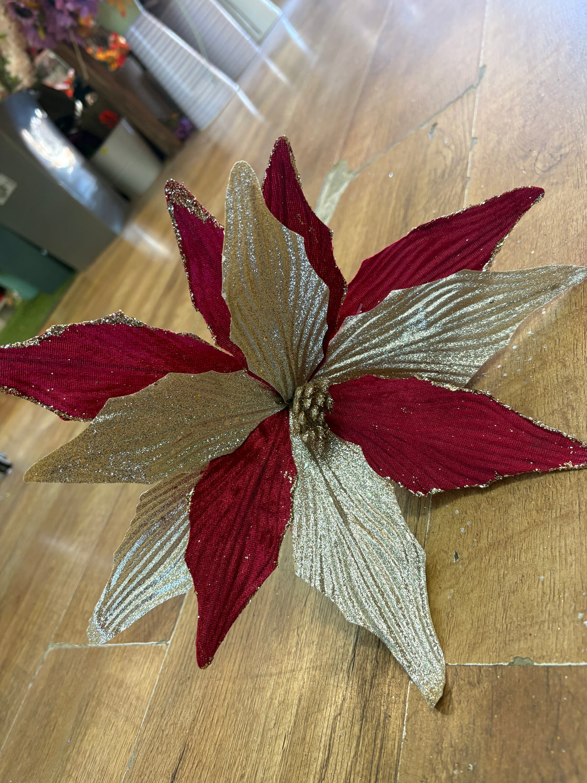 Burgundy velvet and metallic champagne poinsettia