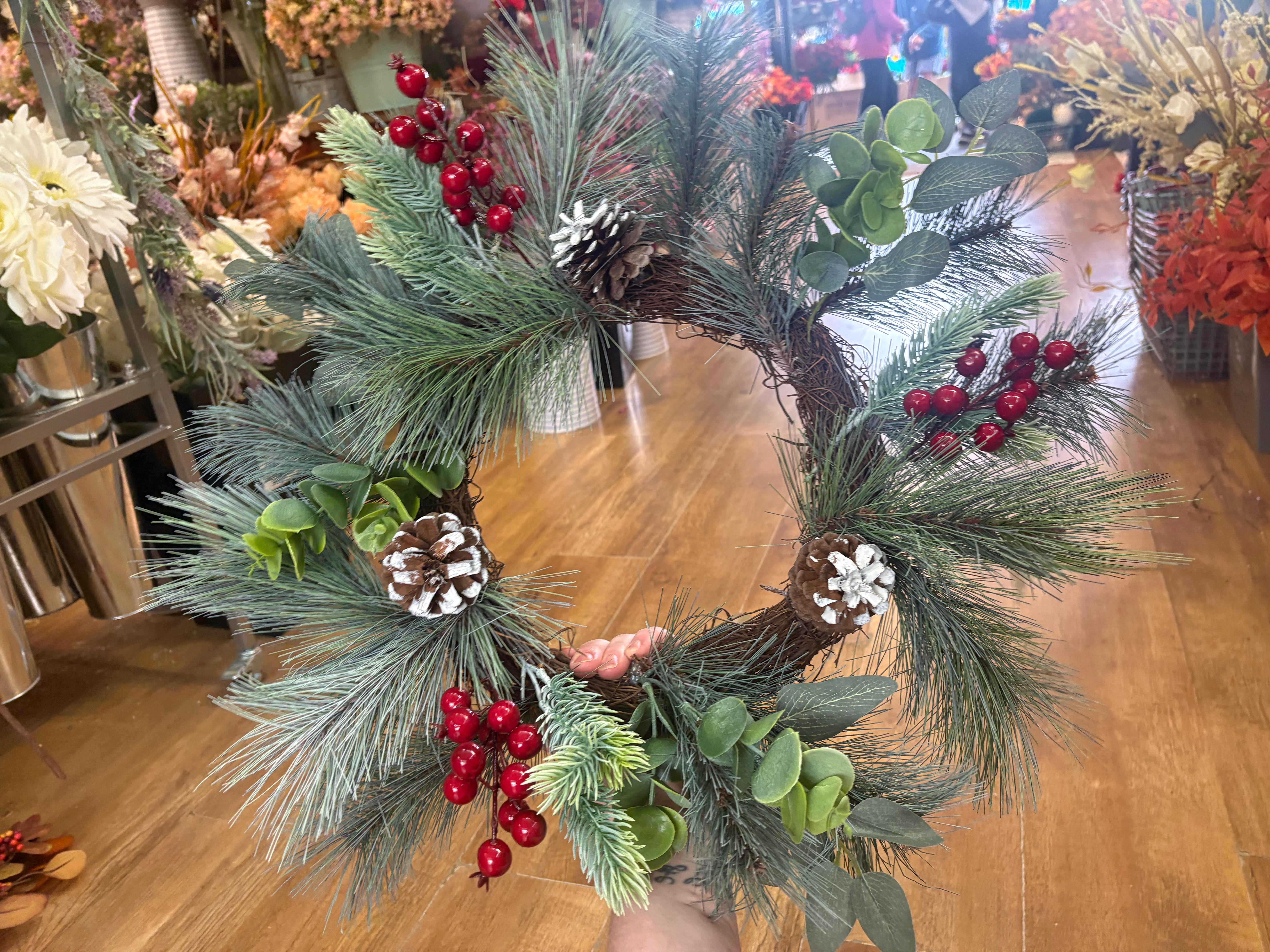 50cm frosted cone and berry wreath (measured tip to tip)