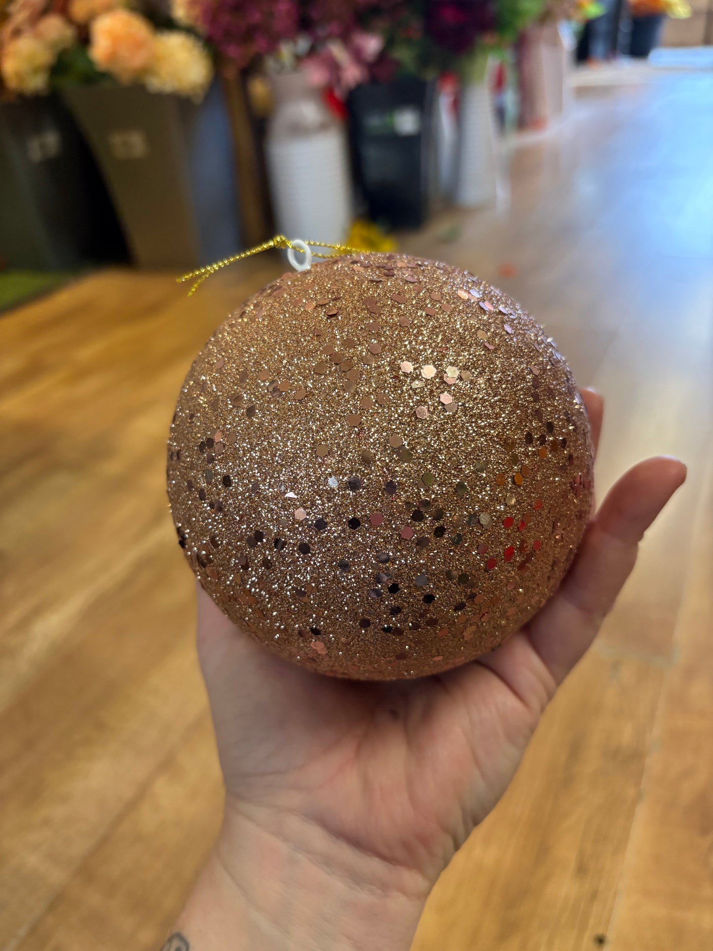12cm rose gold glittered bauble