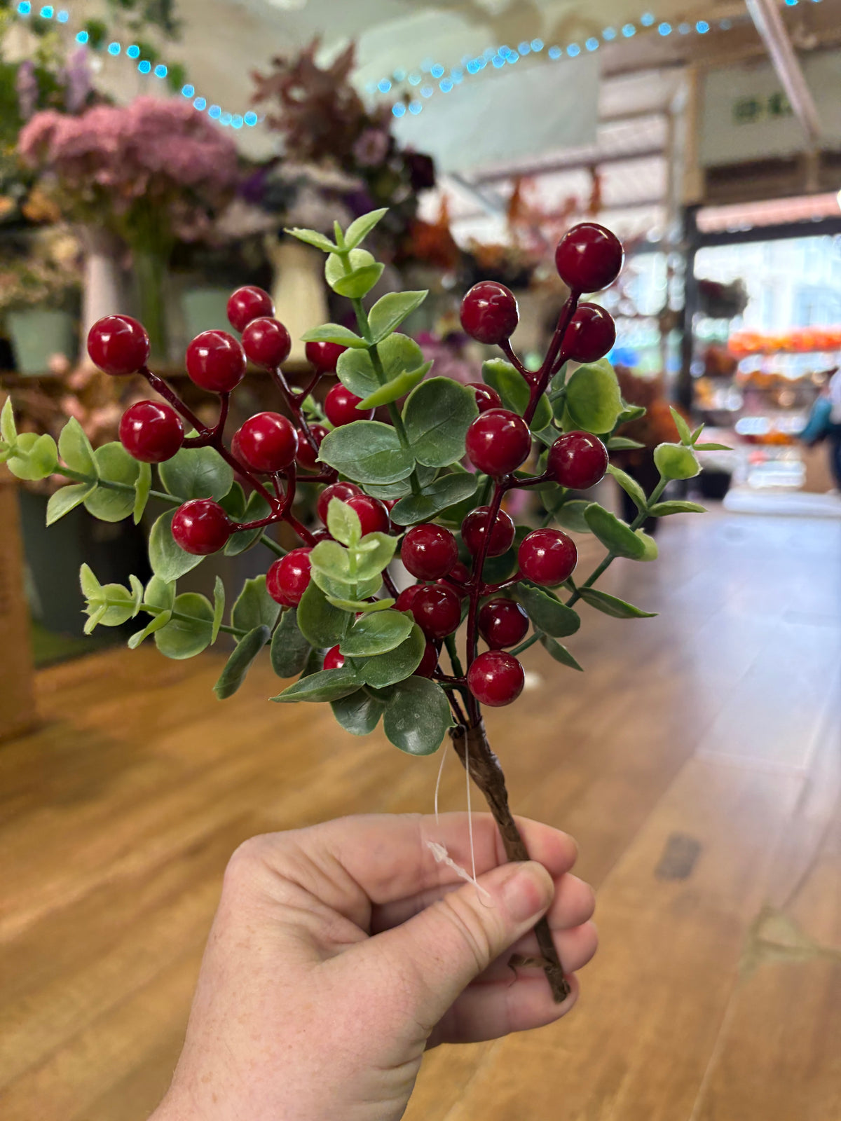 24cm red berry and eucalyptus pick