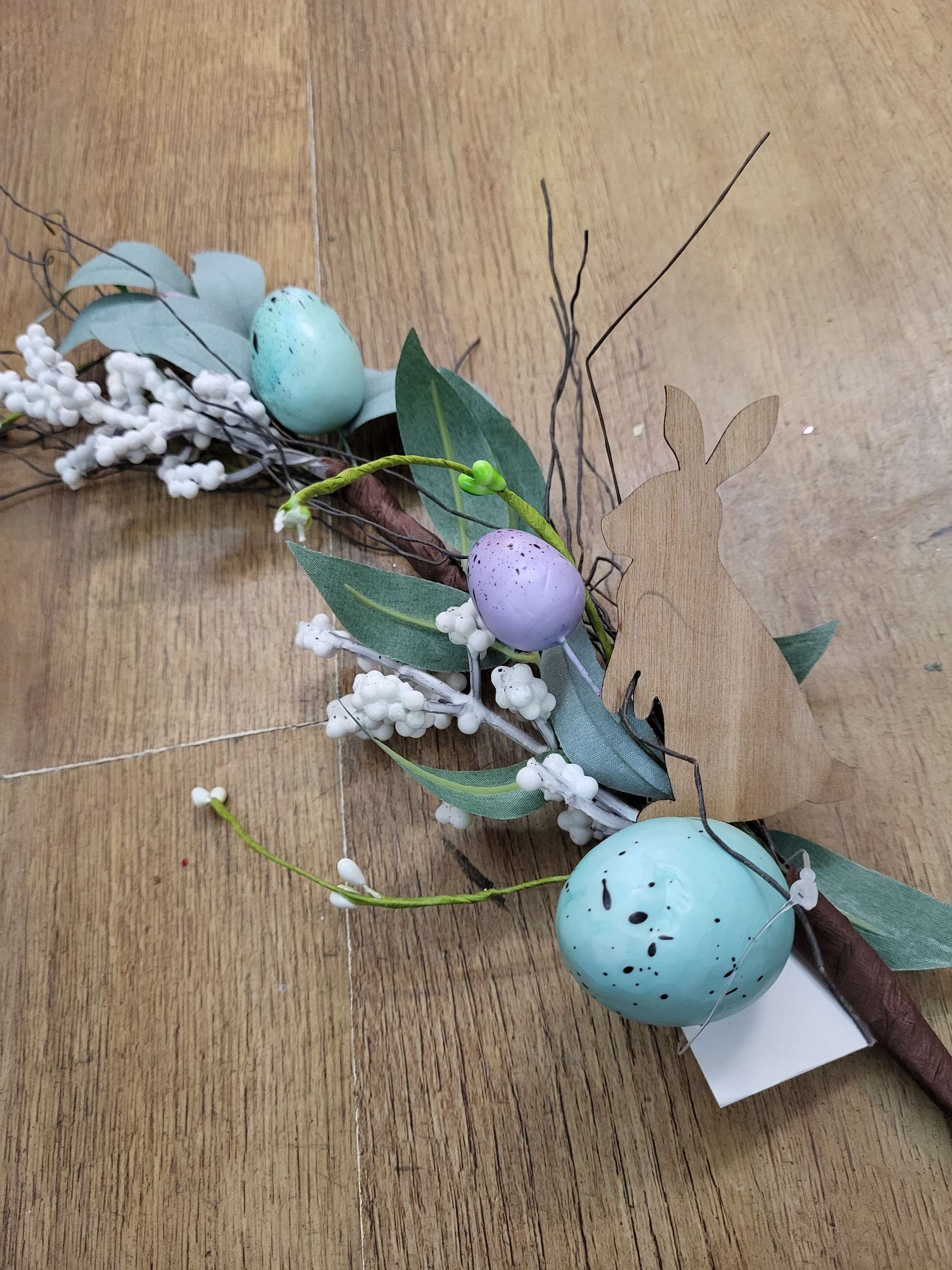 46cm blue and purple speckled egg and wooden bunny Easter stem image 1