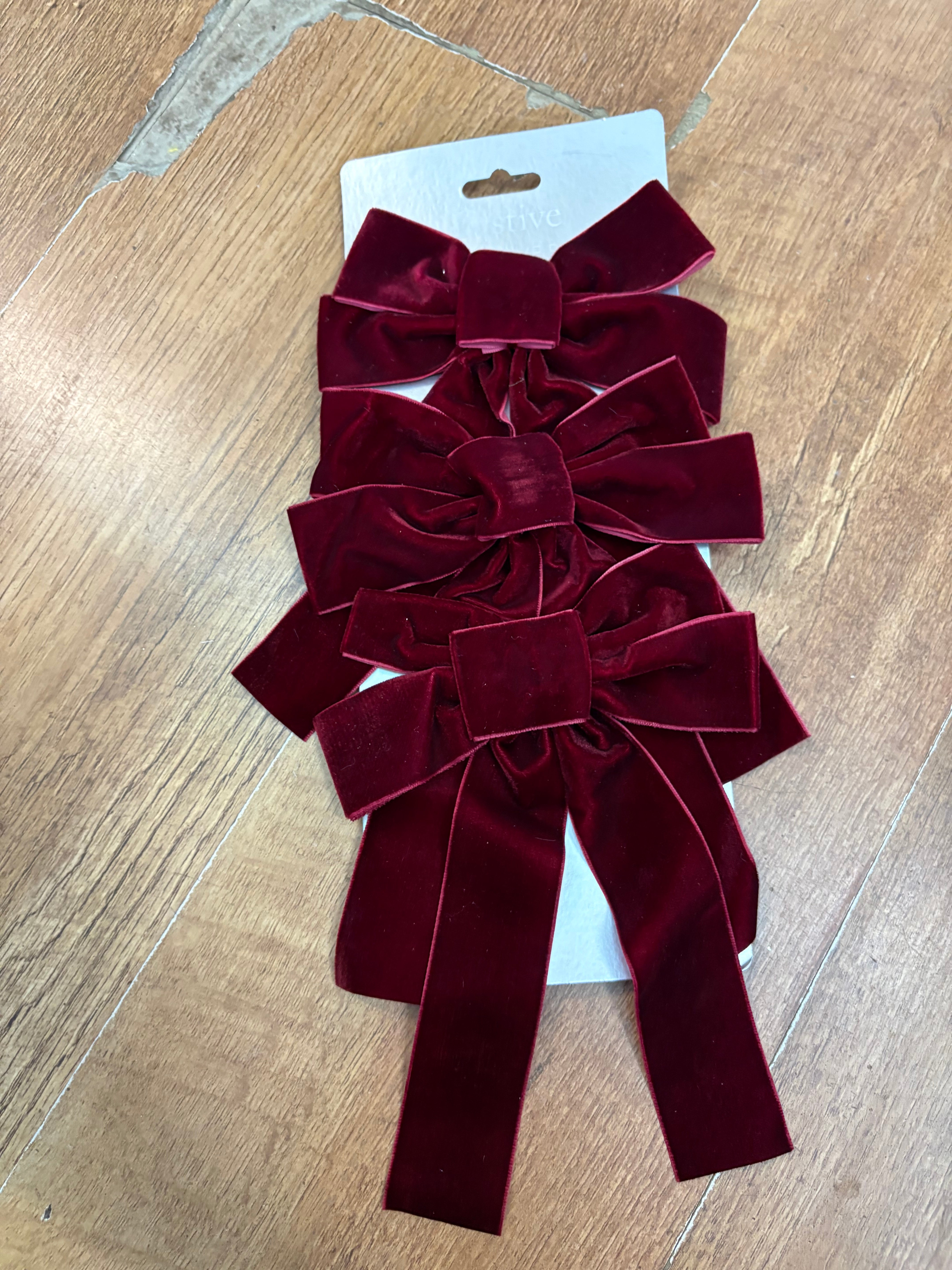 Pack of 3 burgundy velvet tie on bows