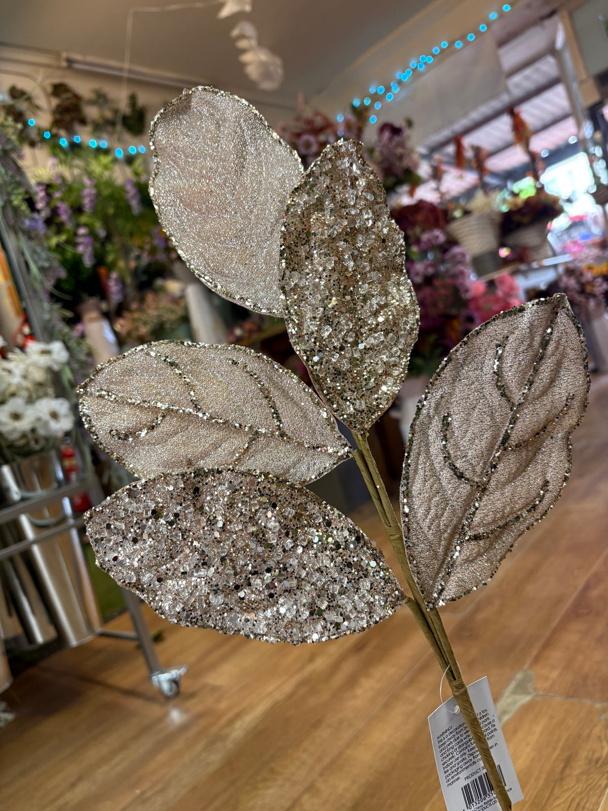 Champagne gold glittered foliage spray