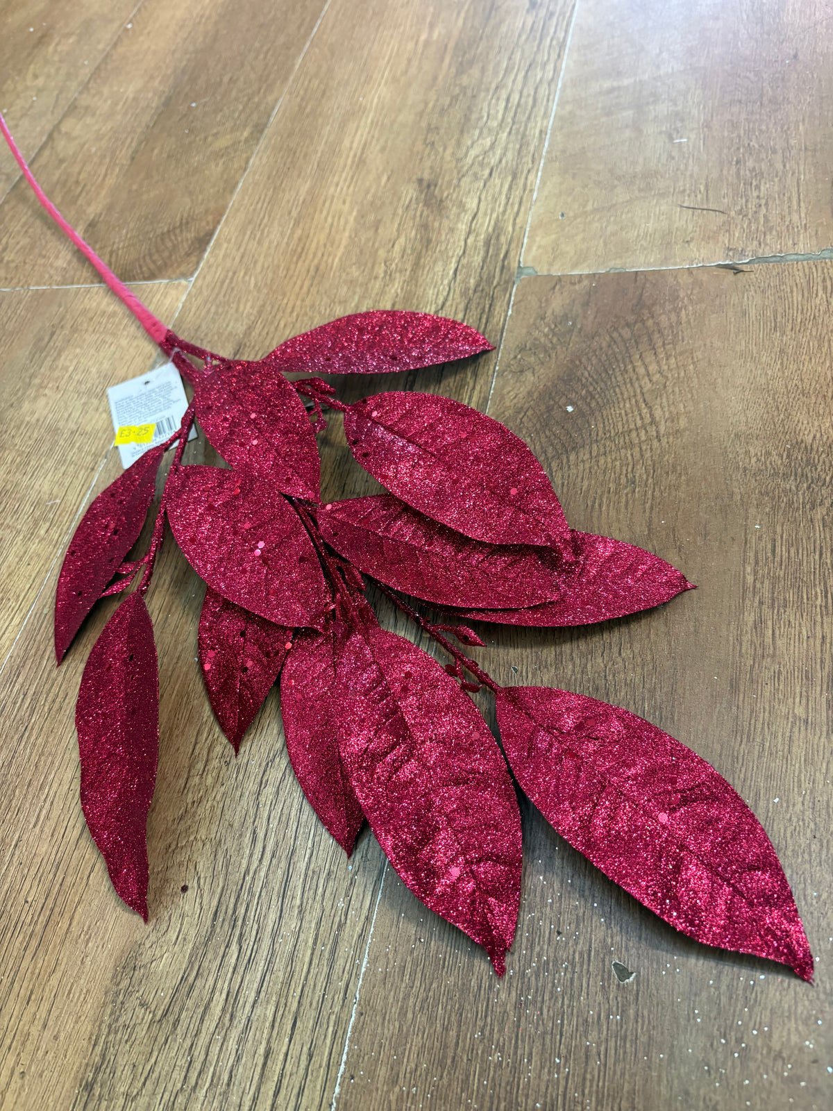 Long stem deep pink glittered foliage branch