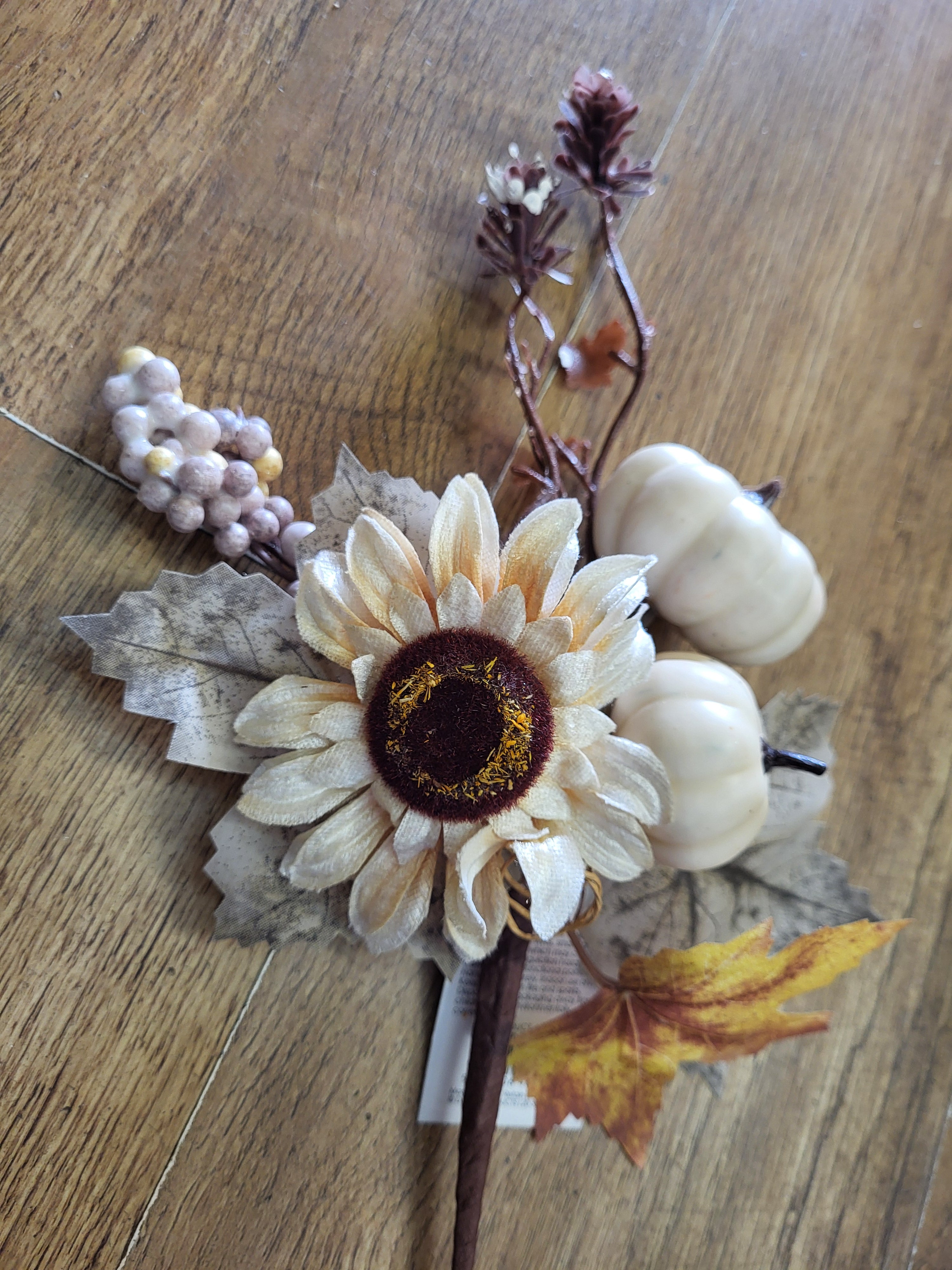 38cm luxury cream pumpkin pick with velvet sunflower image 1