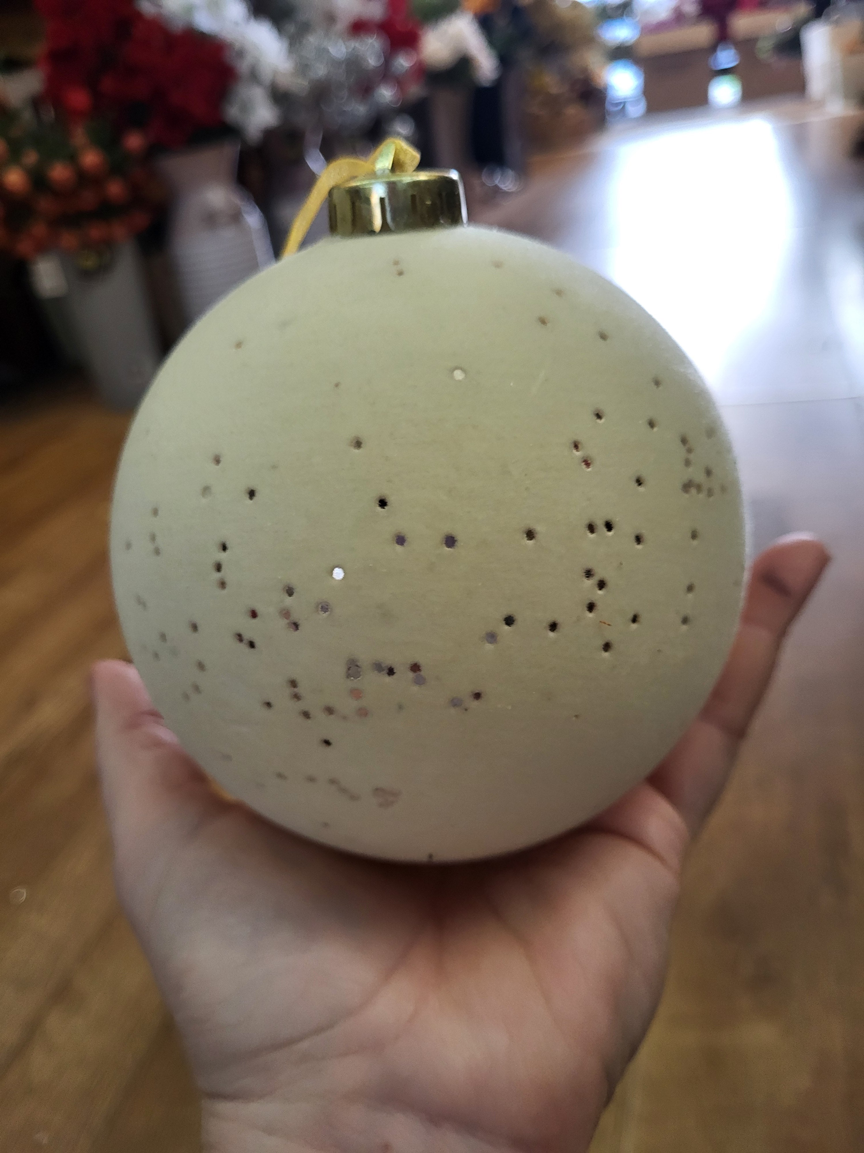 12cm flocked cream bauble with metallic flecks image 3