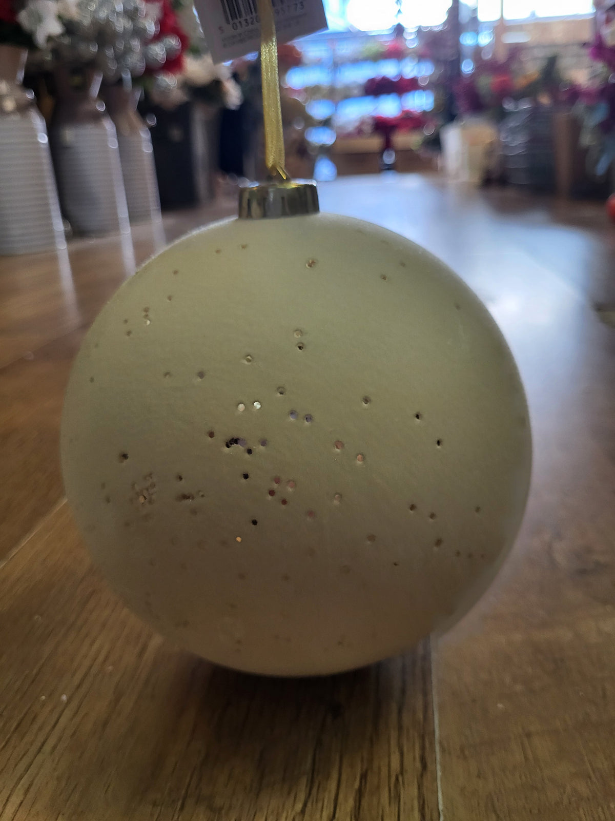 15cm flocked cream bauble with metallic flecks image 3