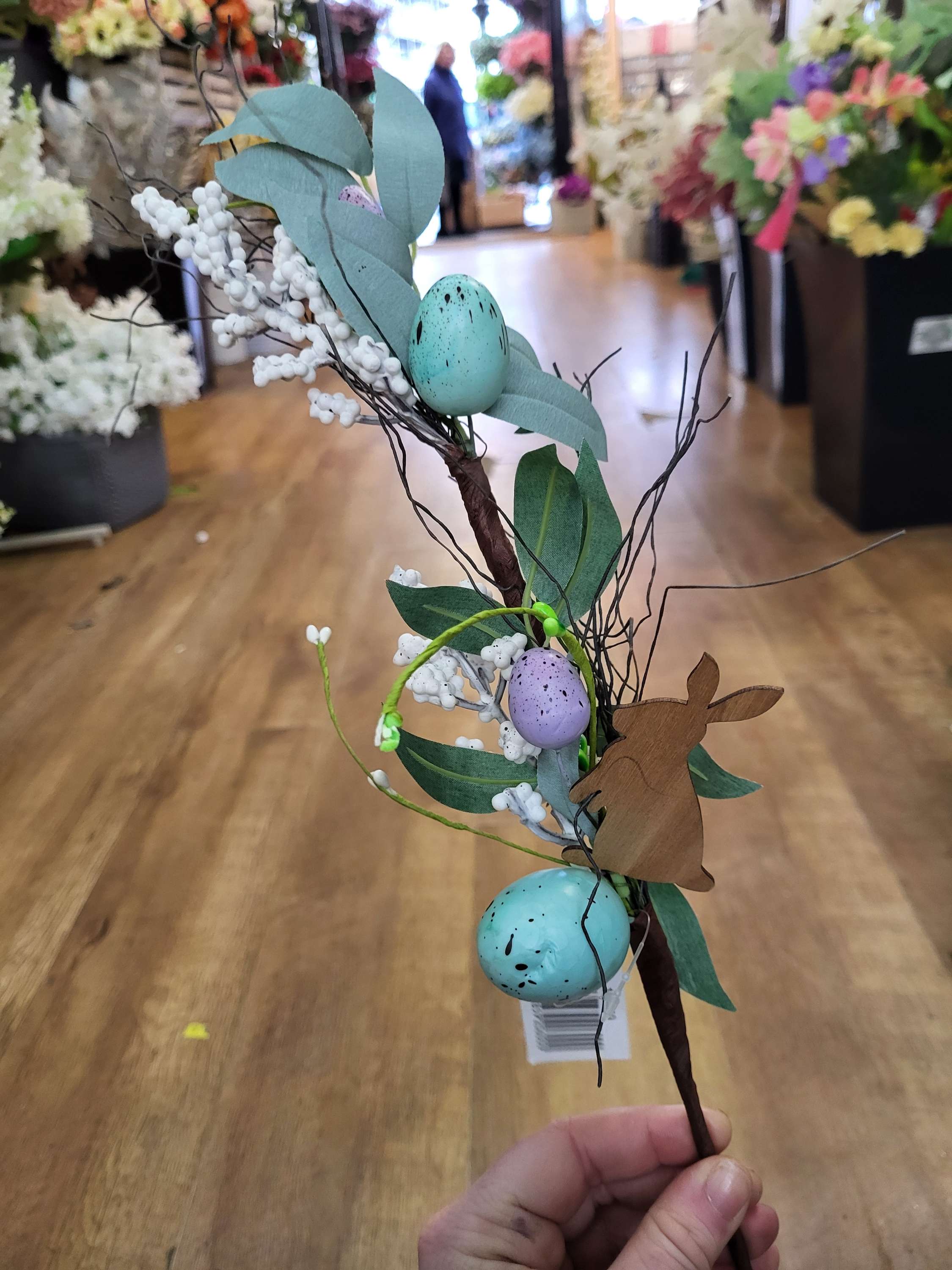 46cm blue and purple speckled egg and wooden bunny Easter stem image 3